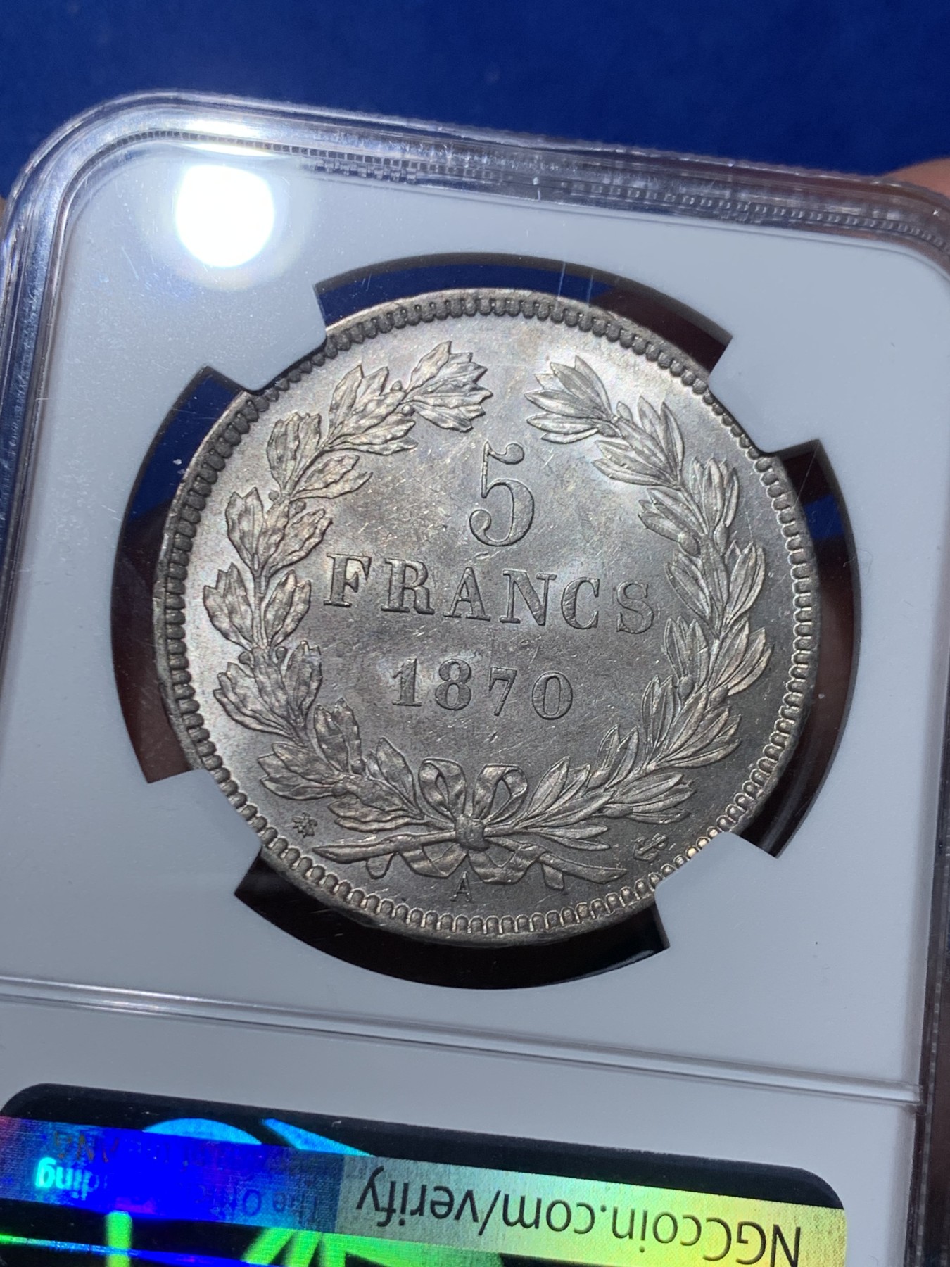 《竞宝斋》第245场-周日，周一 ，周二3场连拍 (全场包邮) NGC AU58 1870年法国谷物女神无箴言版5法郎 铸造量仅64000枚，是法系5法郎里比较难的一个品种了，MS价格起飞，58性价比较高