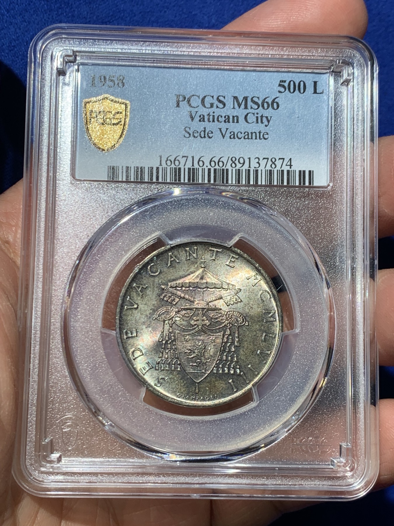 《竞宝斋》第245场-周日，周一 ，周二3场连拍 (全场包邮) PCGS MS66 梵蒂冈 1958年缺位500里拉银币 顶级转光炫彩