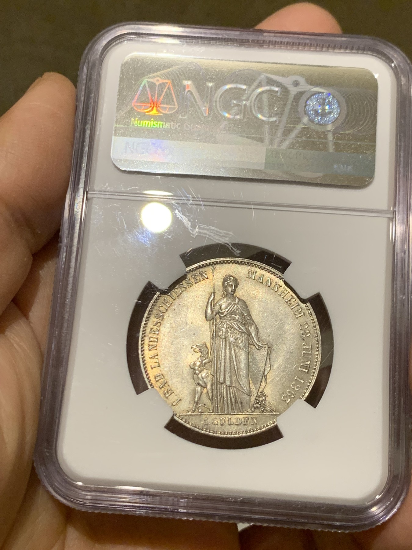 《竞宝斋》第246场-周日，周一 ，周二3场连拍 (全场包邮) NGC MS63 德国巴登1863年射击节1盾银币 少见品种 状态非常好