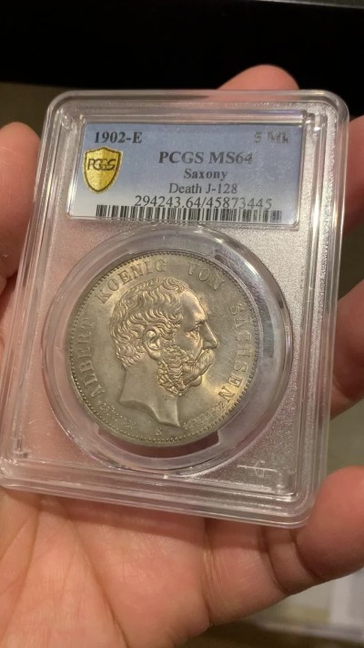 《竞宝斋》第246场-周日，周一 ，周二3场连拍 (全场包邮) PCGS MS64 德国 萨克森1902年5马克银币