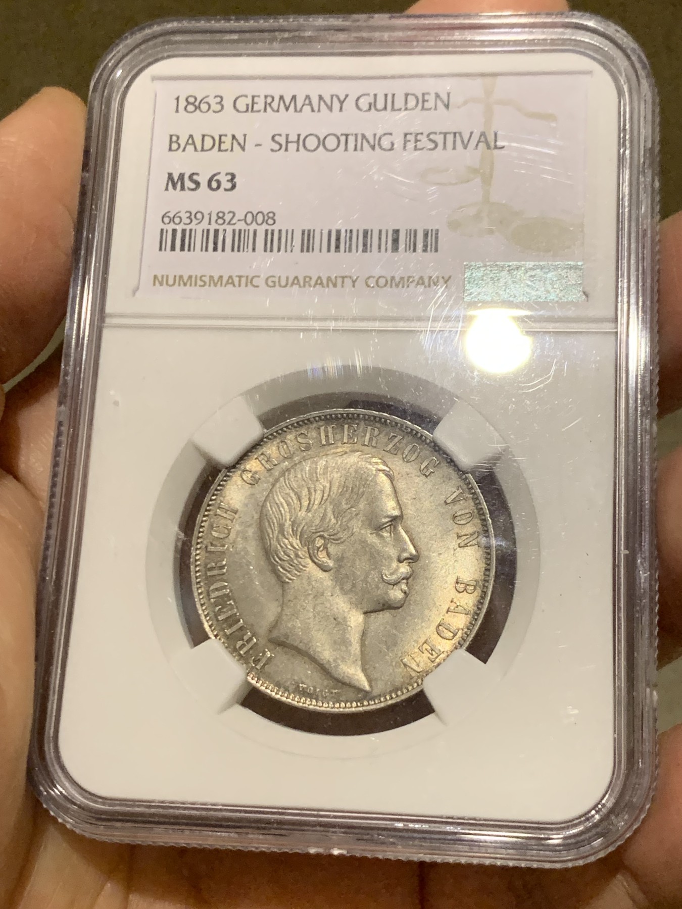 《竞宝斋》第246场-周日，周一 ，周二3场连拍 (全场包邮) NGC MS63 德国巴登1863年射击节1盾银币 少见品种 状态非常好