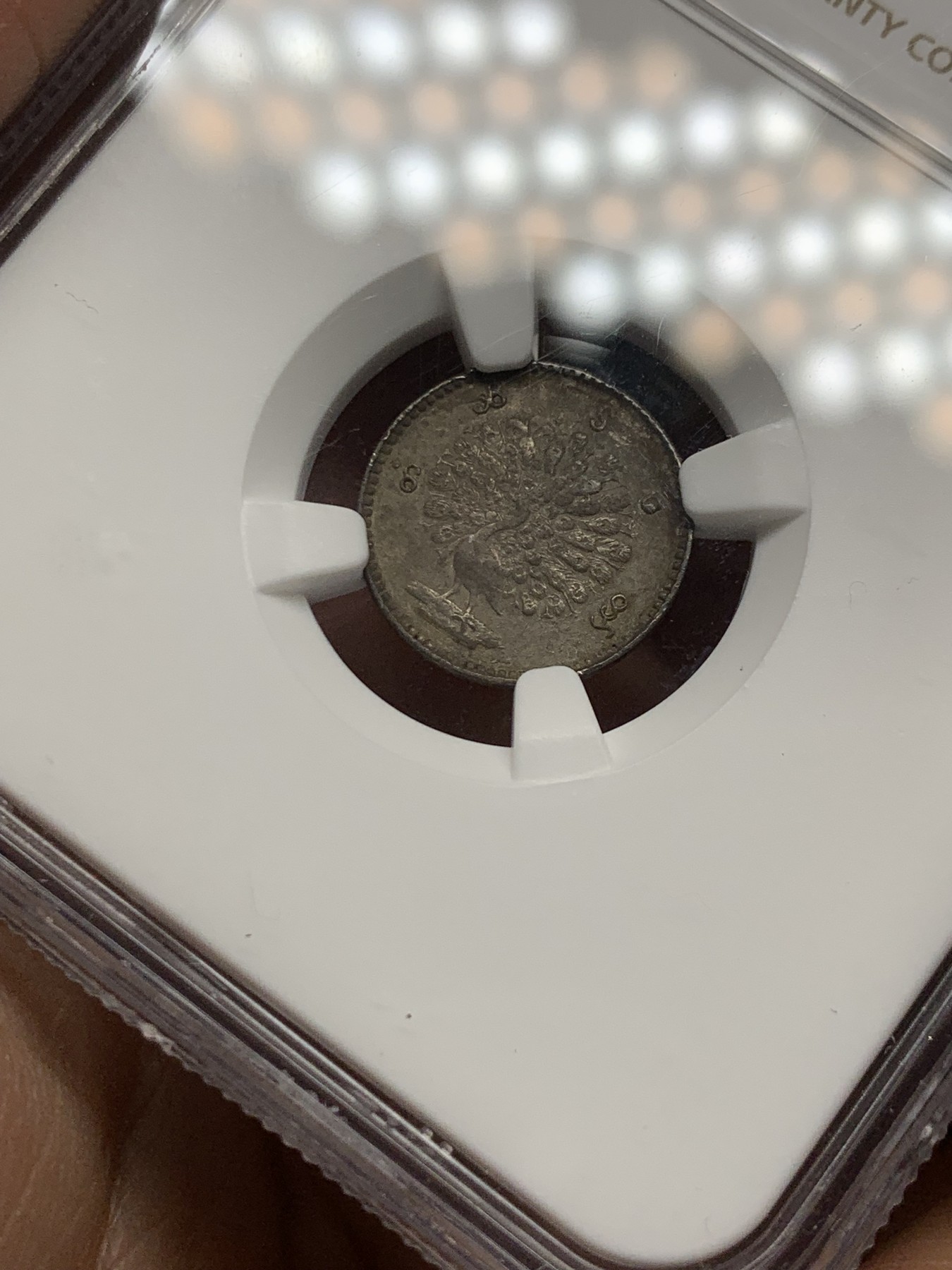 《竞宝斋》第246场-周日，周一 ，周二3场连拍 (全场包邮) NGC AUD 缅甸1852孔雀1MU银币 小孔雀非常难得 细节状态好 包浆影响了出分