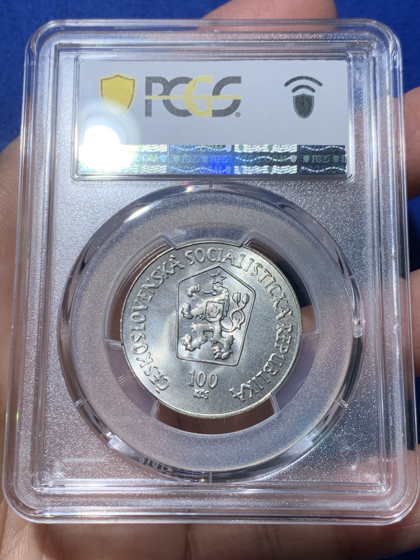 《竞宝斋》第246场-周日，周一 ，周二3场连拍 (全场包邮) PCGS金盾 MS68 捷克斯洛伐克1984年100克朗银币，冠军分