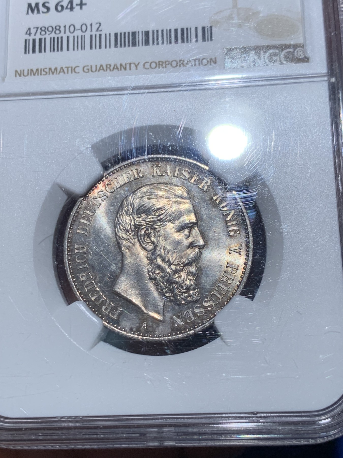 《竞宝斋》第246场-周日，周一 ，周二3场连拍 (全场包邮) NGC MS64+ 德国普鲁士1888三皇年弗里德里希三世 短翅2马克银币 高分好状态