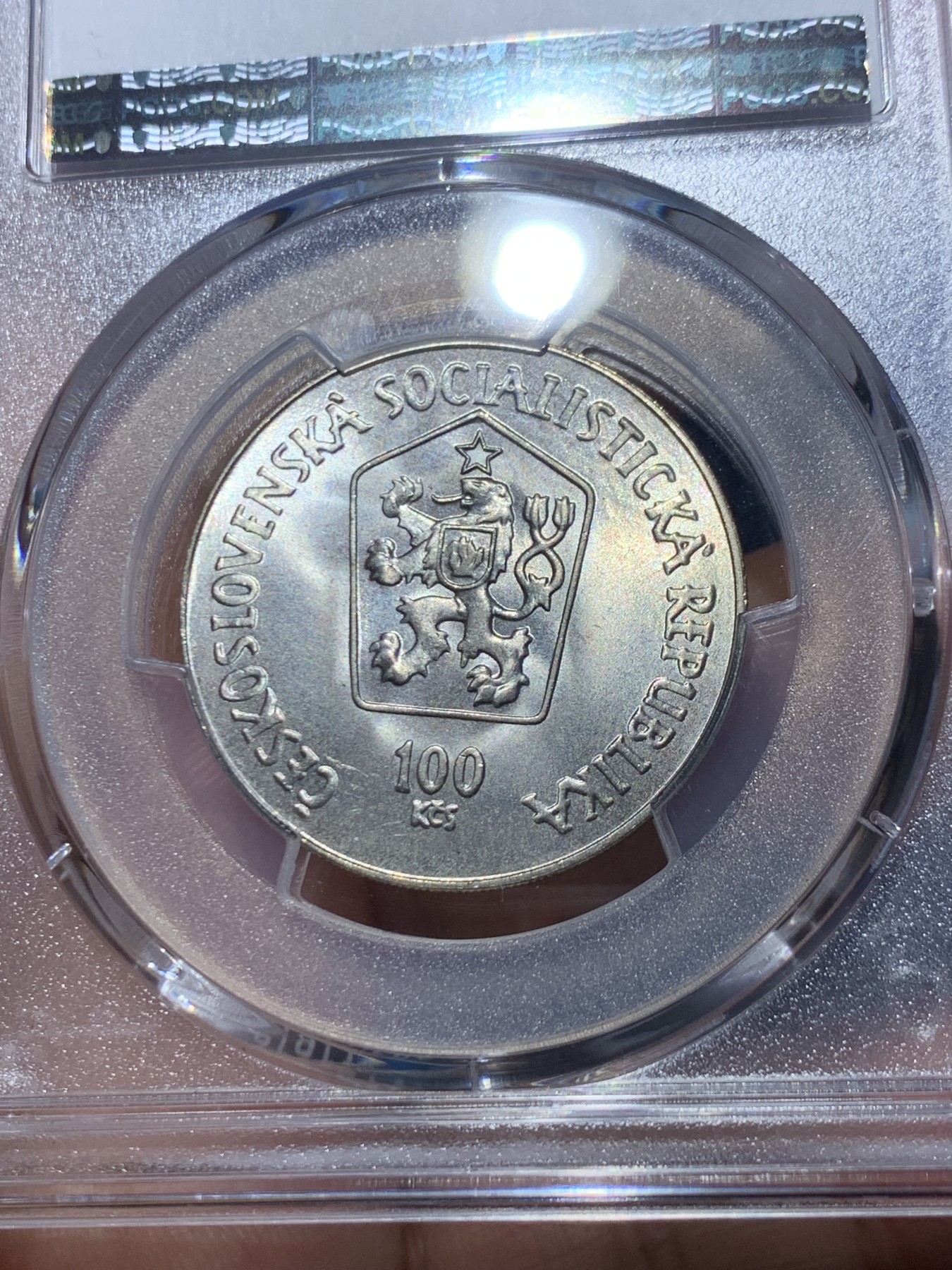 《竞宝斋》第246场-周日，周一 ，周二3场连拍 (全场包邮) PCGS金盾 MS68 捷克斯洛伐克1984年100克朗银币，冠军分