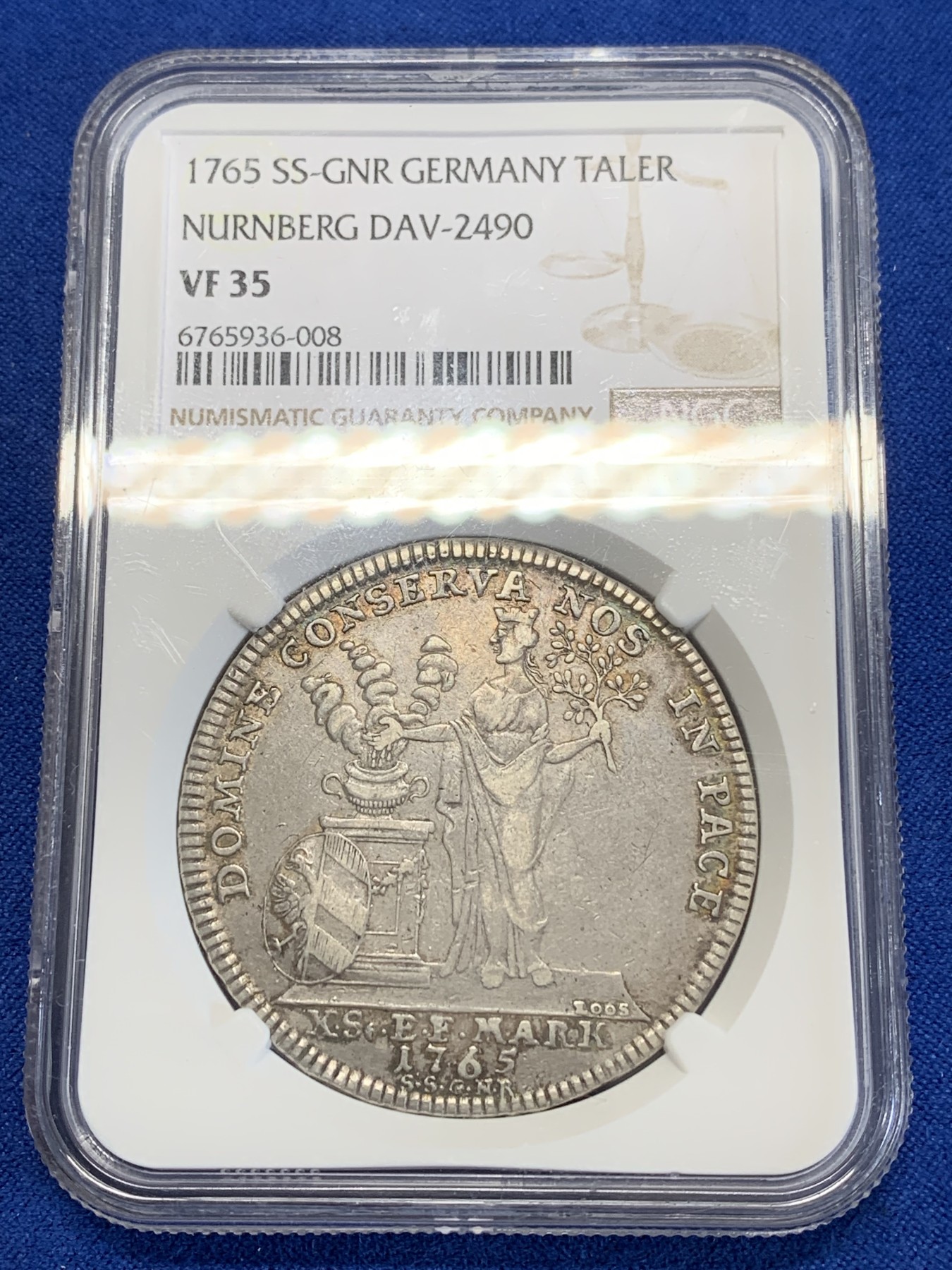 《竞宝斋》第246场-周日，周一 ，周二3场连拍 (全场包邮) NGC VF35 德国 1765年纽伦堡泰勒 相对比较少的版本，灰色包浆边缘带彩，高点磨损小，VF35有些低评