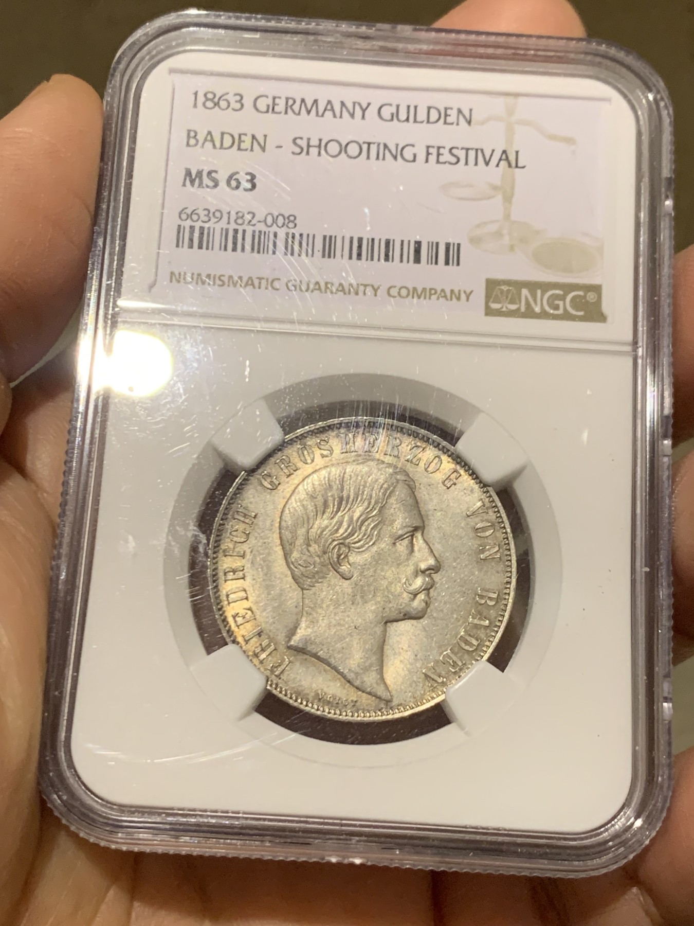 《竞宝斋》第246场-周日，周一 ，周二3场连拍 (全场包邮) NGC MS63 德国巴登1863年射击节1盾银币 少见品种 状态非常好