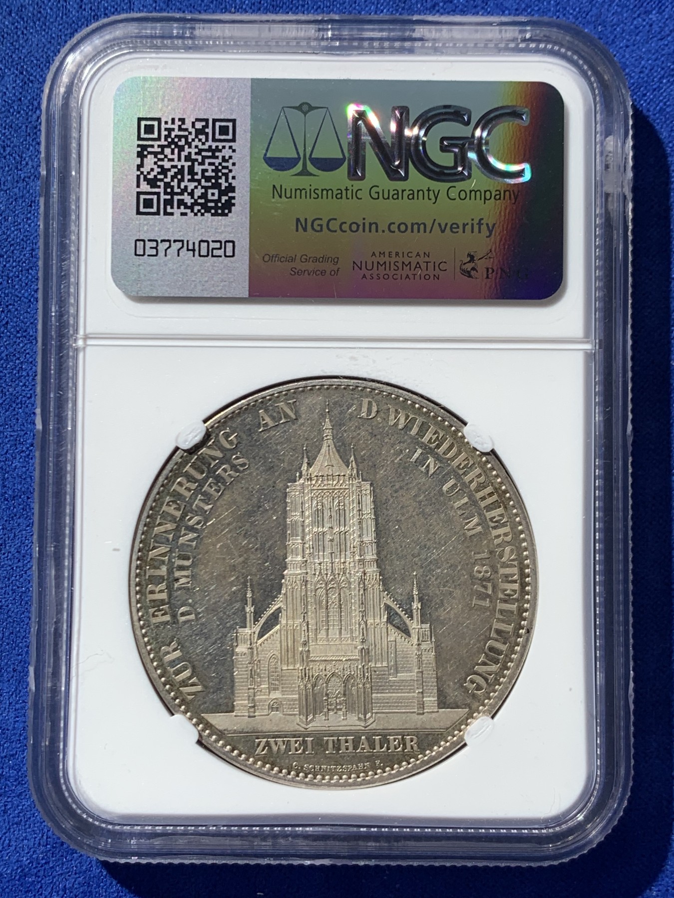 《竞宝斋》第246场-周日，周一 ，周二3场连拍 (全场包邮) NGC PF62 德国 1871年 符腾堡乌尔姆大教堂 2泰勒 大银币 热门品种 难得好物