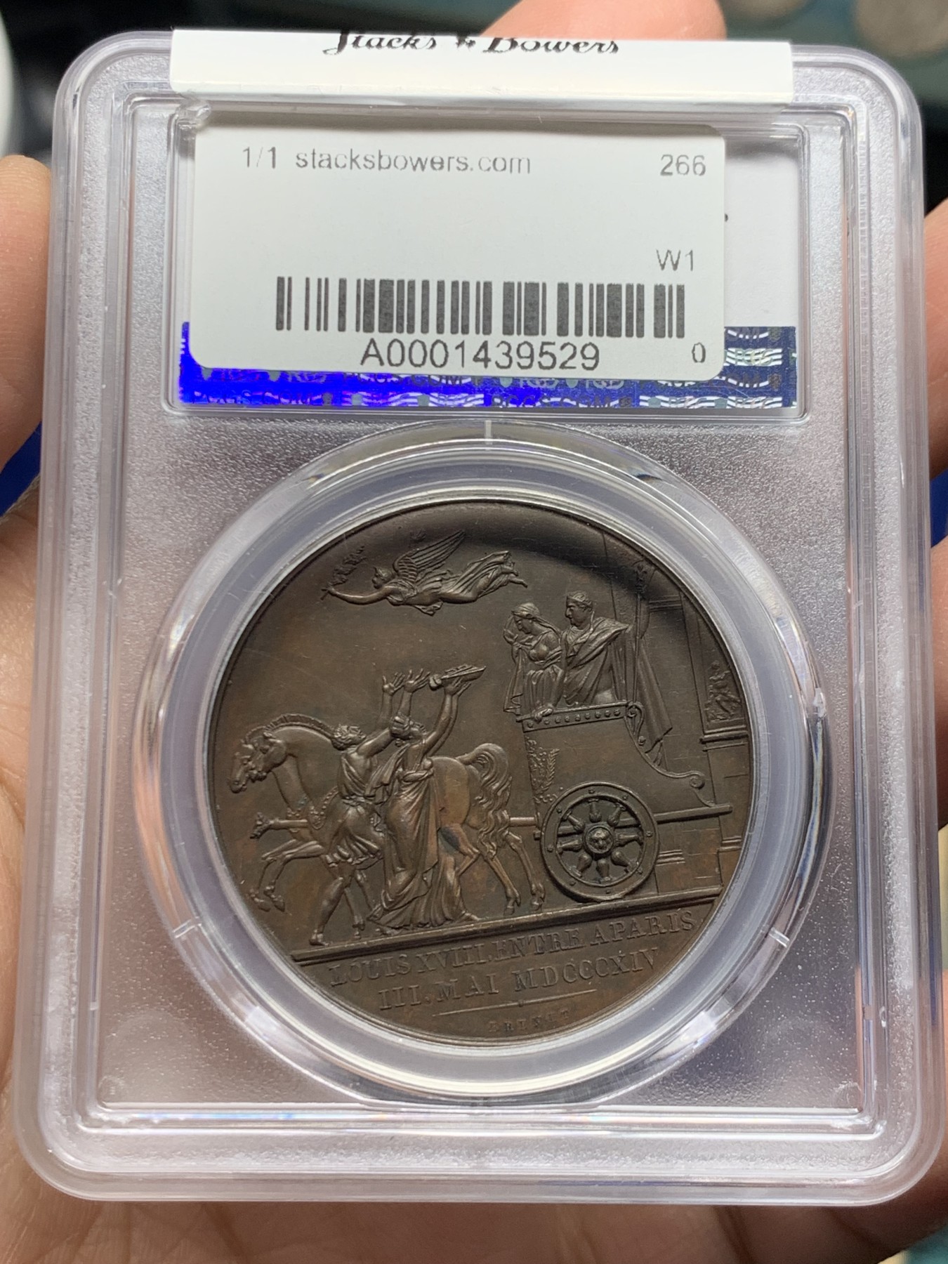 《竞宝斋》第246场-周日，周一 ，周二3场连拍 (全场包邮) PCGS-SP63 法国1814年路易十八复辟抵达巴黎纪念原铸大铜章，常见多为MS，SP稀见。细节精美，难得原铸。更高分仅2枚，加厚p盒。