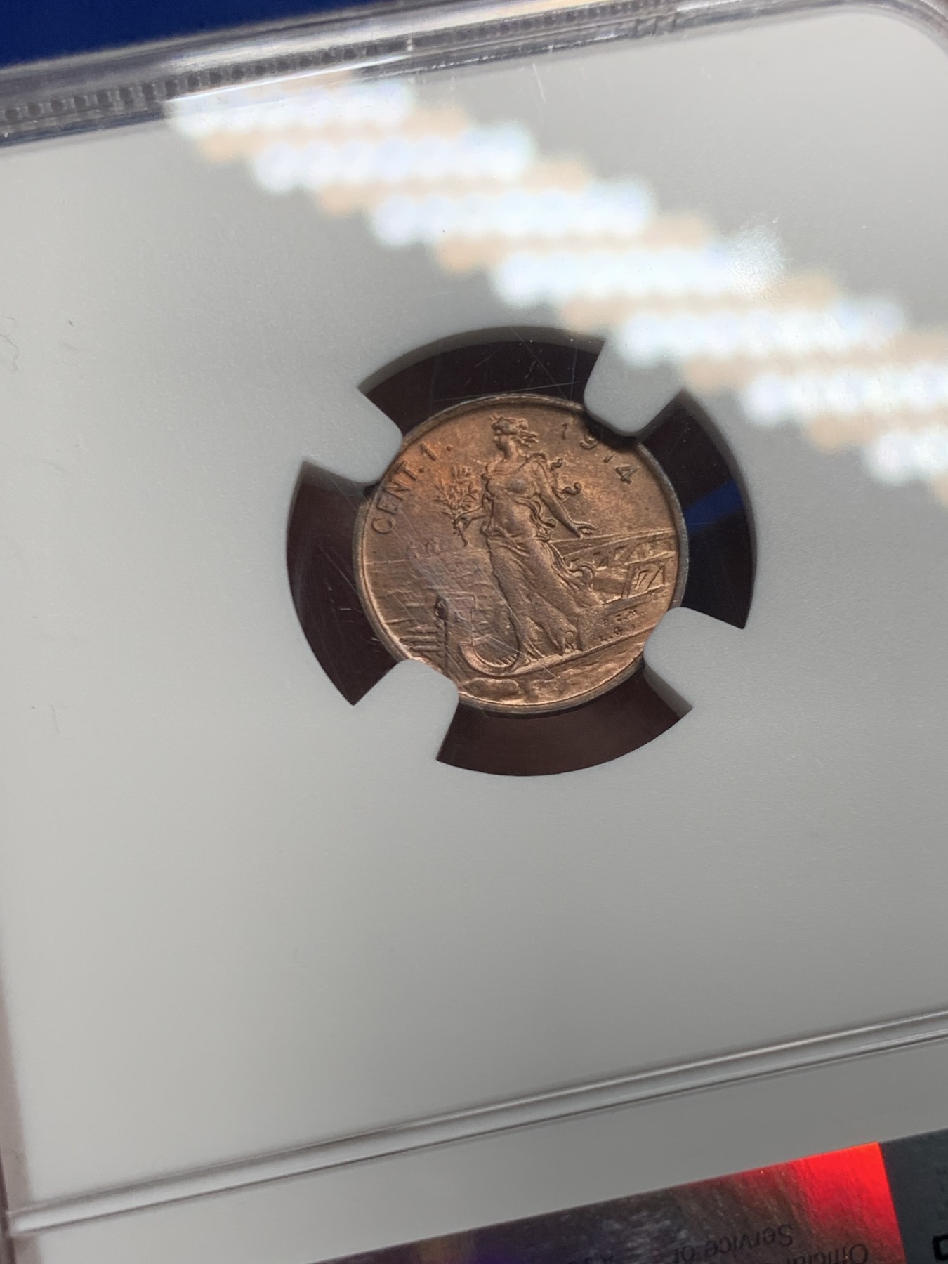 《竞宝斋》第246场-周日，周一 ，周二3场连拍 (全场包邮) NGC MS63RB 意大利1914R小拿花1分，细节很好，感觉给低了