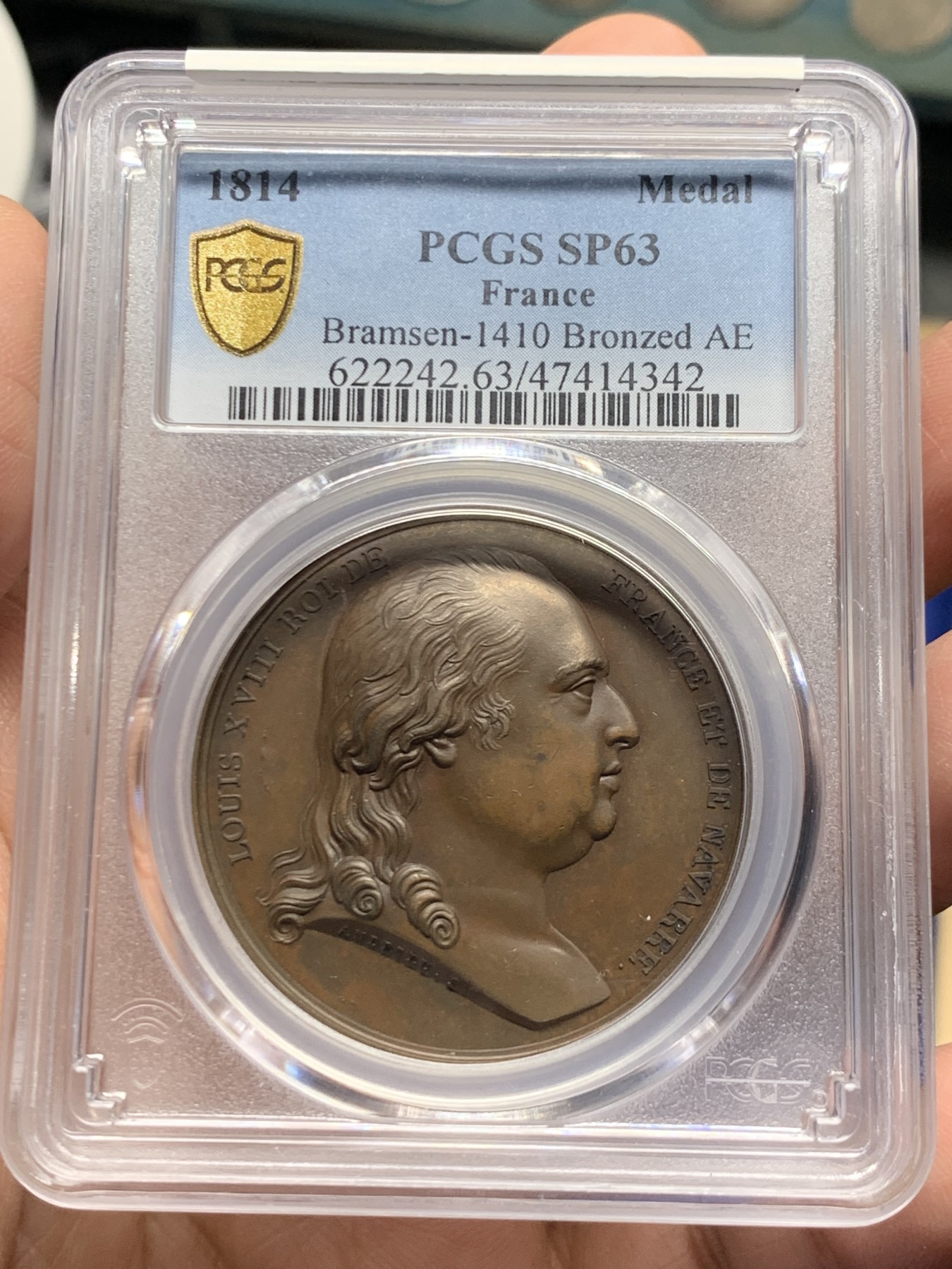 《竞宝斋》第246场-周日，周一 ，周二3场连拍 (全场包邮) PCGS-SP63 法国1814年路易十八复辟抵达巴黎纪念原铸大铜章，常见多为MS，SP稀见。细节精美，难得原铸。更高分仅2枚，加厚p盒。