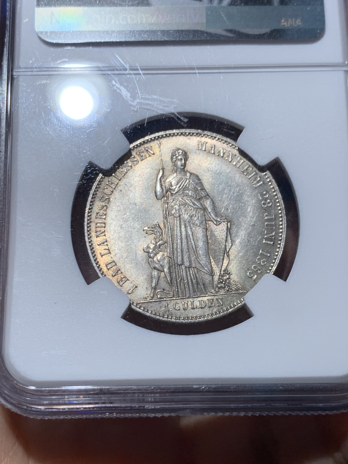 《竞宝斋》第246场-周日，周一 ，周二3场连拍 (全场包邮) NGC MS63 德国巴登1863年射击节1盾银币 少见品种 状态非常好