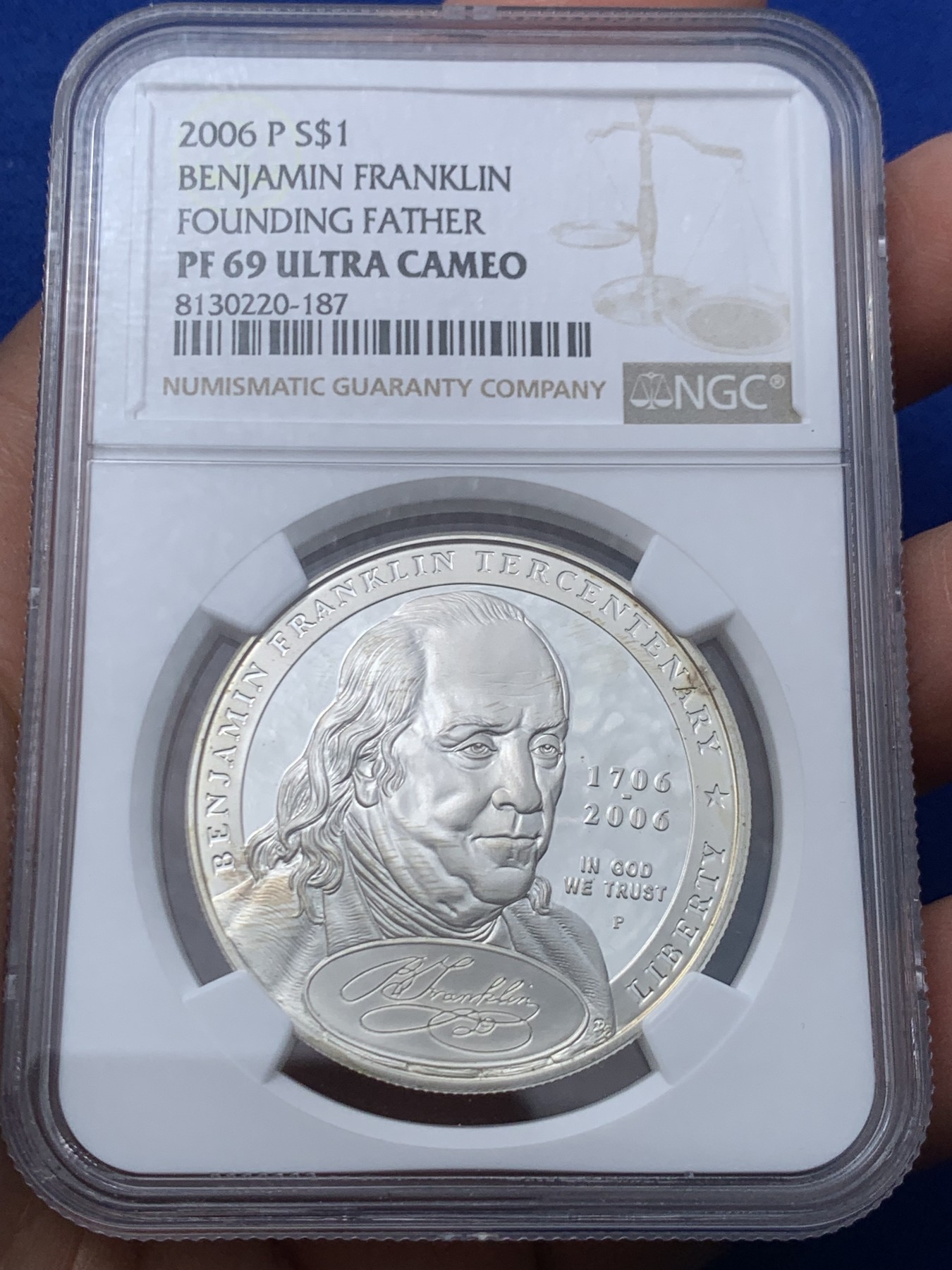 《竞宝斋》第246场-周日，周一 ，周二3场连拍 (全场包邮) NGC PF69UC 美国2006年P版富兰克林1美元精制大银币