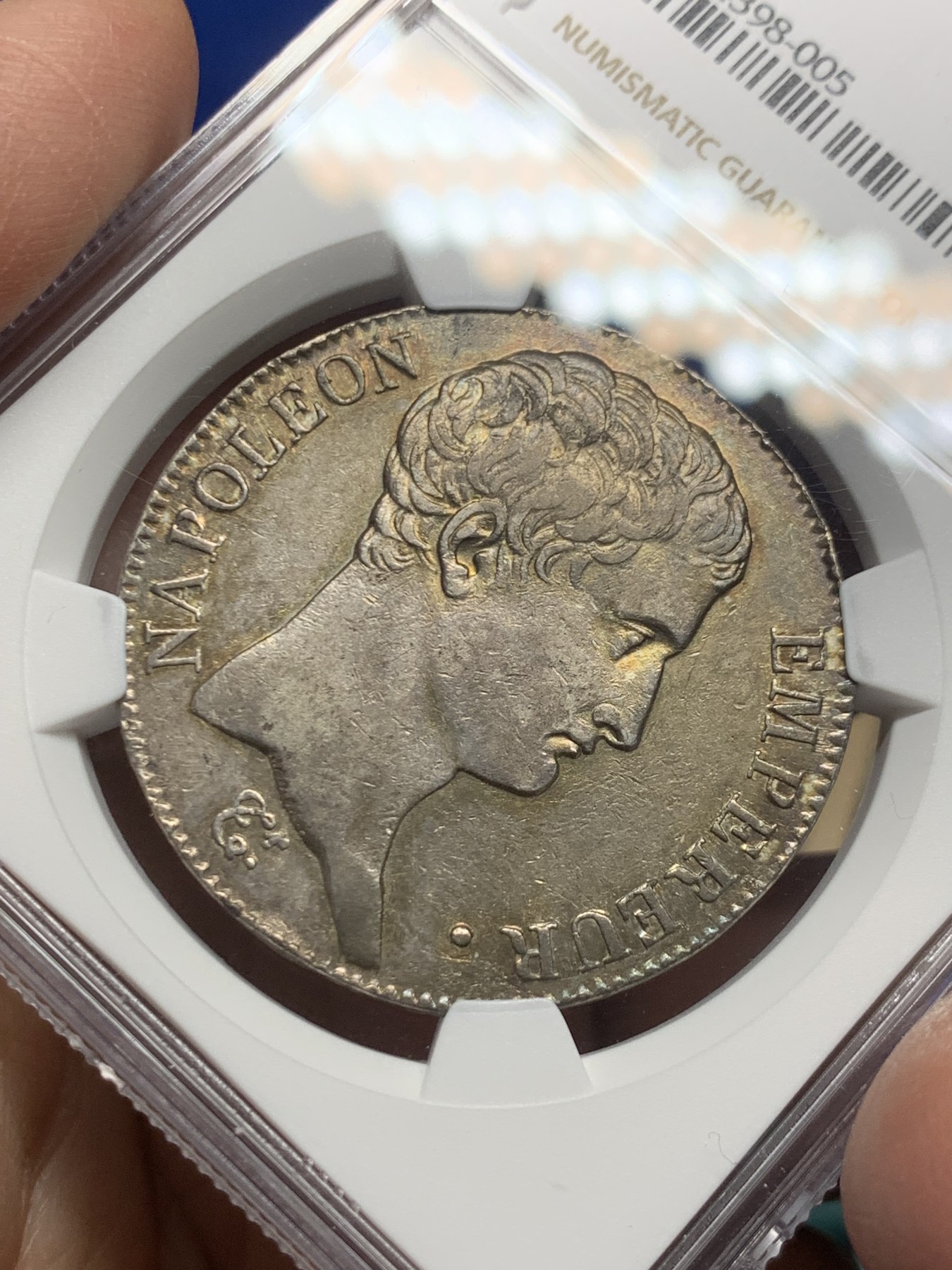 《竞宝斋》第246场-周日，周一 ，周二3场连拍 (全场包邮) NGC AU50 法国1806年拿破仑一世5法郎银币 无冠头像 纪年版少见 淡金彩包浆 非常好