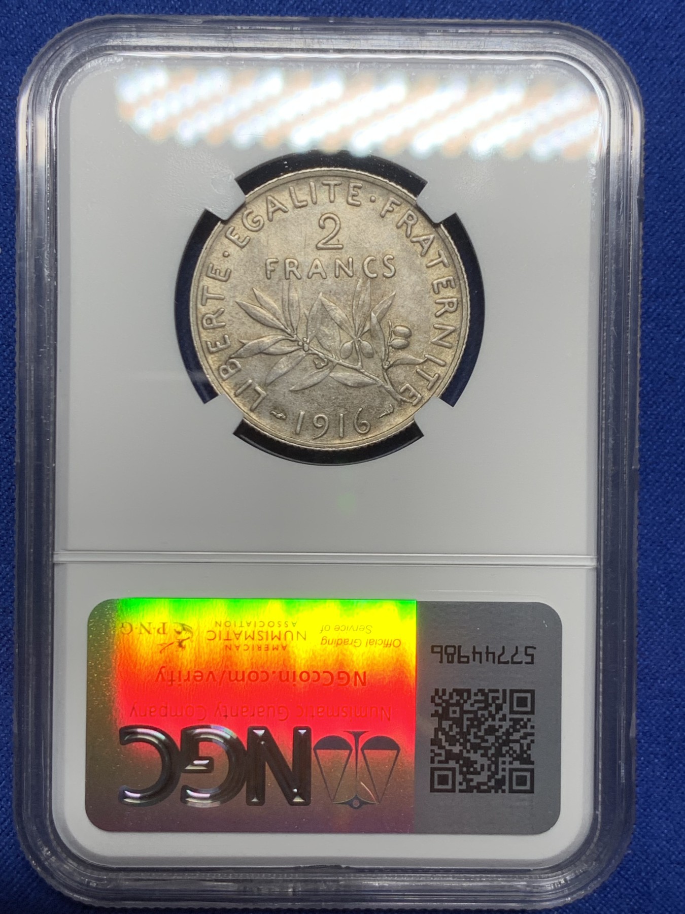 《竞宝斋》第246场-周日，周一 ，周二3场连拍 (全场包邮) NGC MS62 法国1916年播种女神2法郎银币