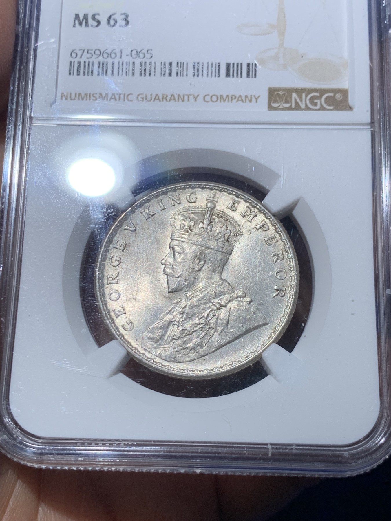 《竞宝斋》第246场-周日，周一 ，周二3场连拍 (全场包邮) NGC MS63 英属印度1919年 乔五1卢比 英属殖民地必备