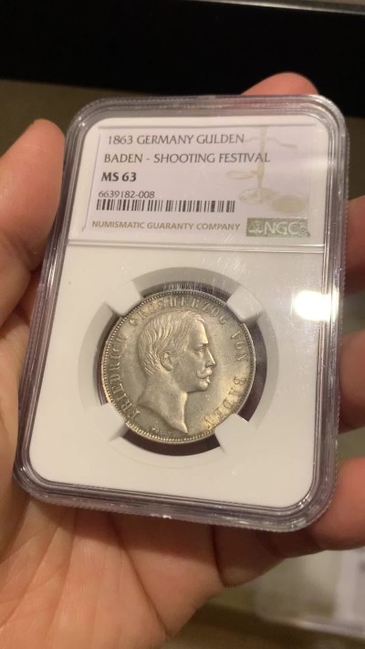 《竞宝斋》第246场-周日，周一 ，周二3场连拍 (全场包邮) NGC MS63 德国巴登1863年射击节1盾银币 少见品种 状态非常好