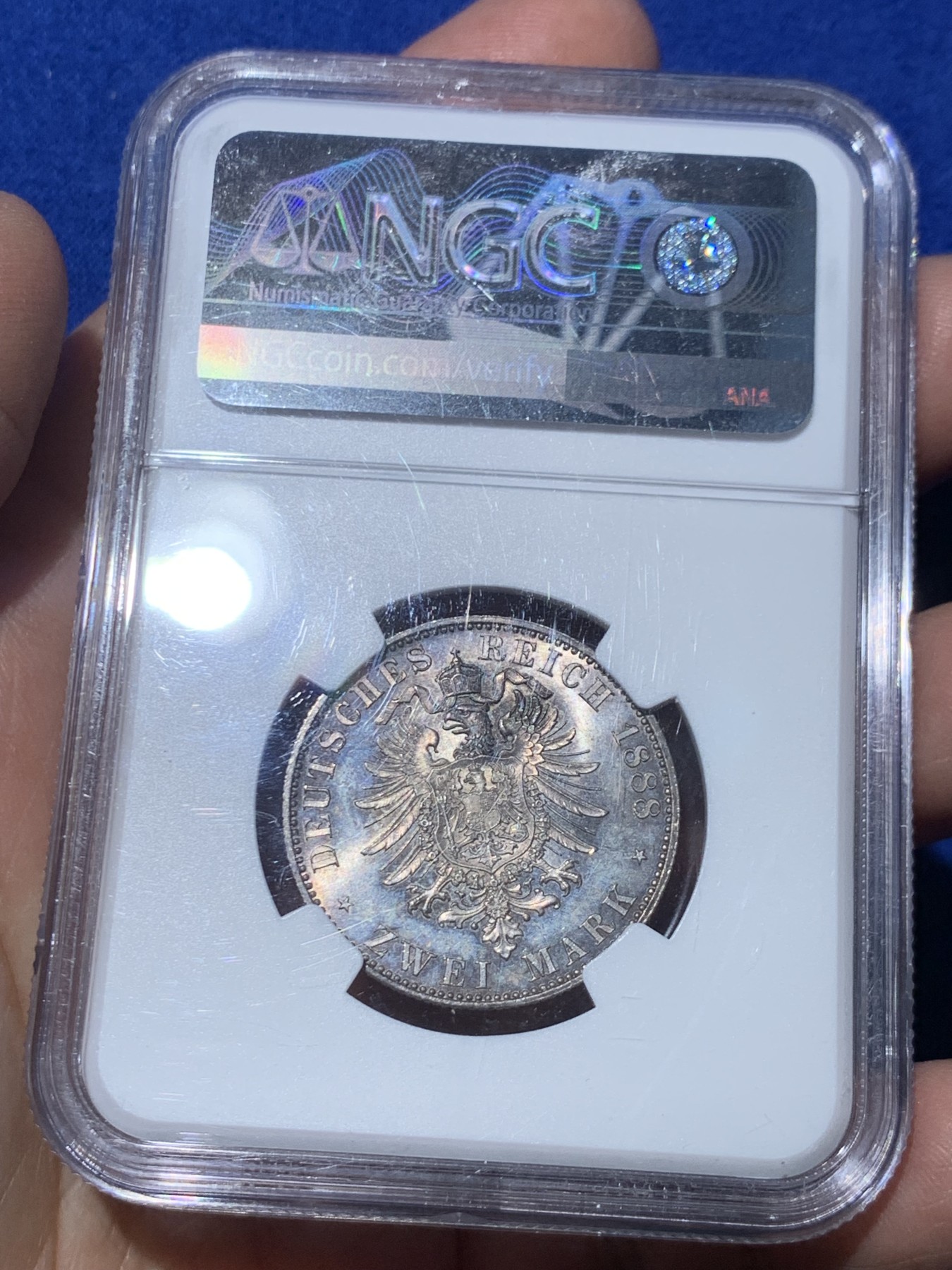 《竞宝斋》第246场-周日，周一 ，周二3场连拍 (全场包邮) NGC MS64+ 德国普鲁士1888三皇年弗里德里希三世 短翅2马克银币 高分好状态