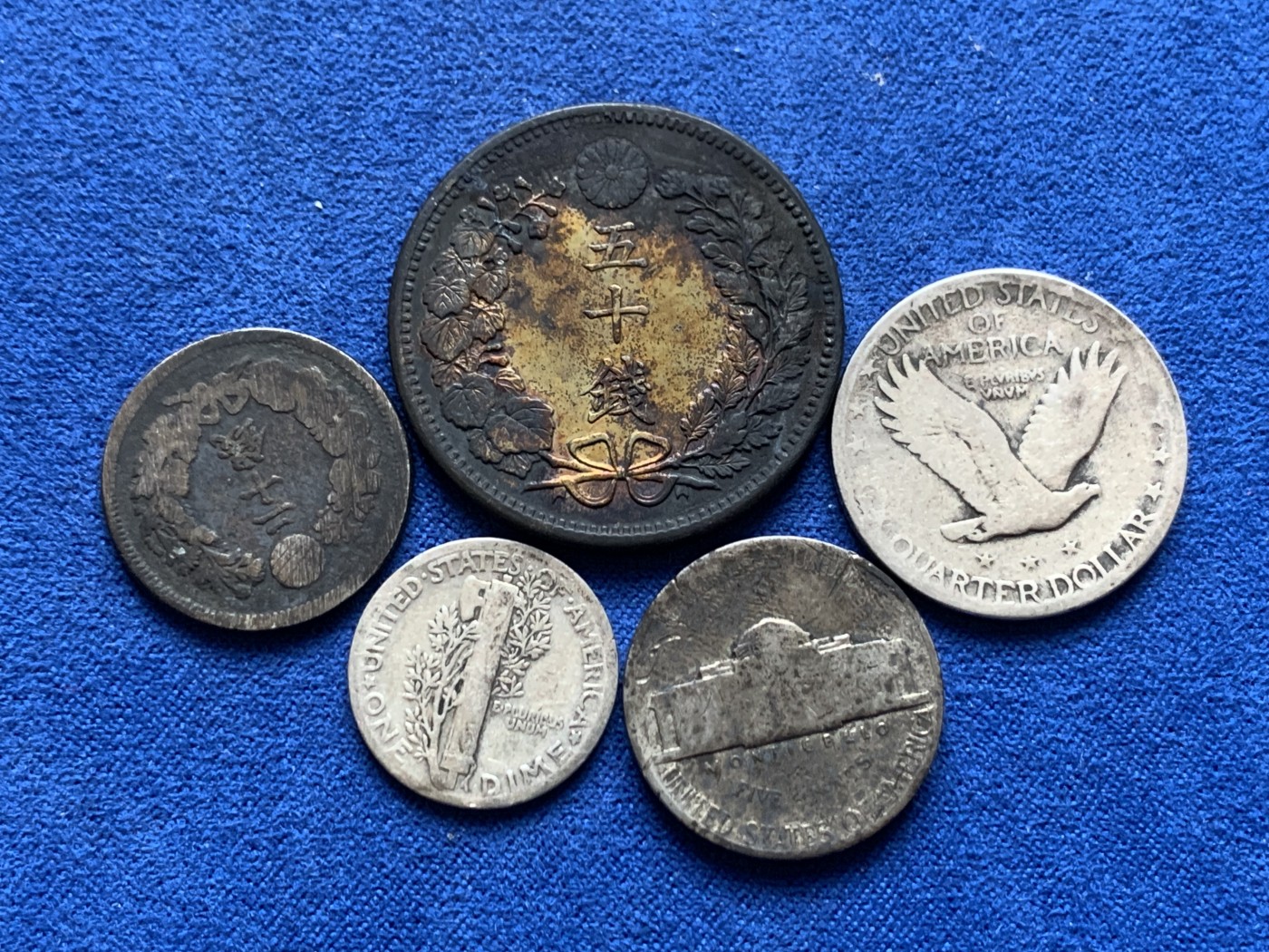 《竞宝斋》第246场-周日，周一 ，周二3场连拍 (全场包邮) 5枚一组 美日散币 明治三十六年五十钱，1926 Quarter等