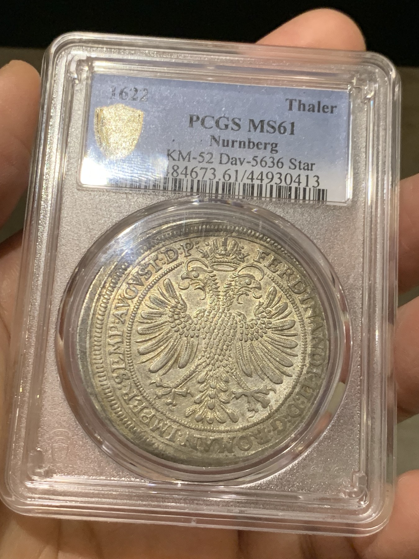 《竞宝斋》第246场-周日，周一 ，周二3场连拍 (全场包邮) PCGS MS61 唯一冠军分 德国1622纽伦堡泰勒银币，稀缺品种，原味好状态，羽毛锋利，个人看低评 盒子支撑小磕