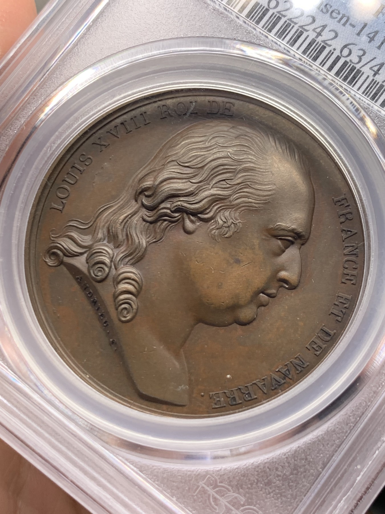 《竞宝斋》第246场-周日，周一 ，周二3场连拍 (全场包邮) PCGS-SP63 法国1814年路易十八复辟抵达巴黎纪念原铸大铜章，常见多为MS，SP稀见。细节精美，难得原铸。更高分仅2枚，加厚p盒。