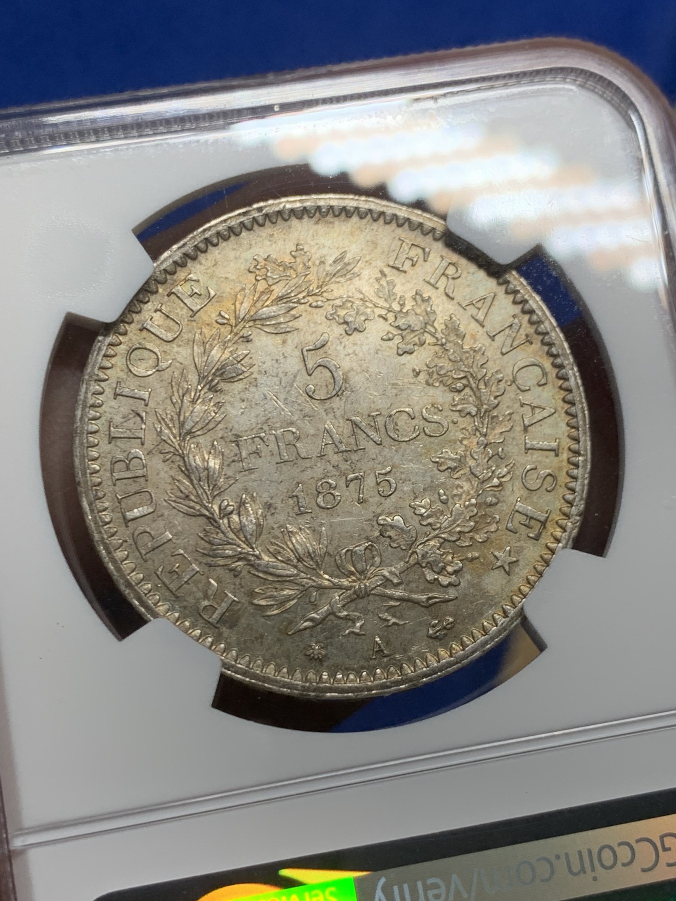 《竞宝斋》第246场-周日，周一 ，周二3场连拍 (全场包邮) NGC MS62 法国1875年大力神5法郎银币 带彩 发行量是1873的1/10