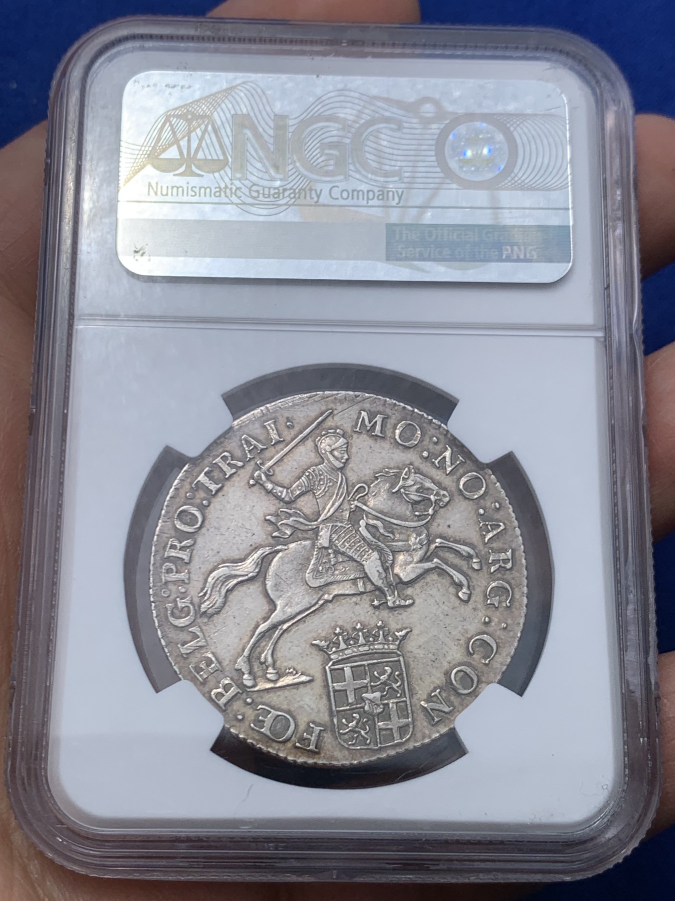 《竞宝斋》第246场-周日，周一 ，周二3场连拍 (全场包邮) NGC MS62 荷兰乌特勒支小马剑1/2杜卡特银币 骑士和战马栩栩如生