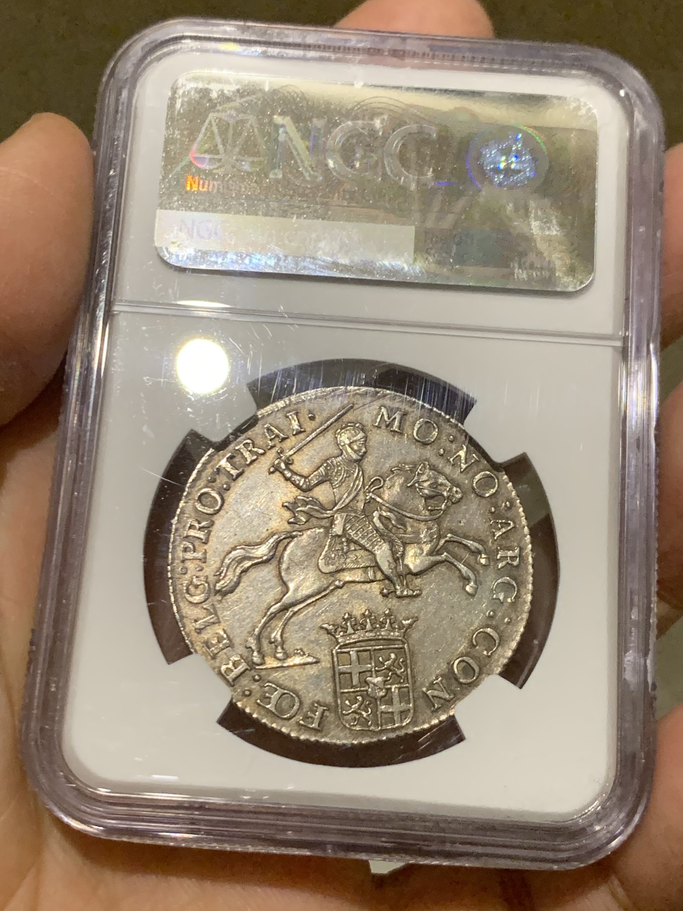 《竞宝斋》第246场-周日，周一 ，周二3场连拍 (全场包邮) NGC MS62 荷兰乌特勒支小马剑1/2杜卡特银币 骑士和战马栩栩如生