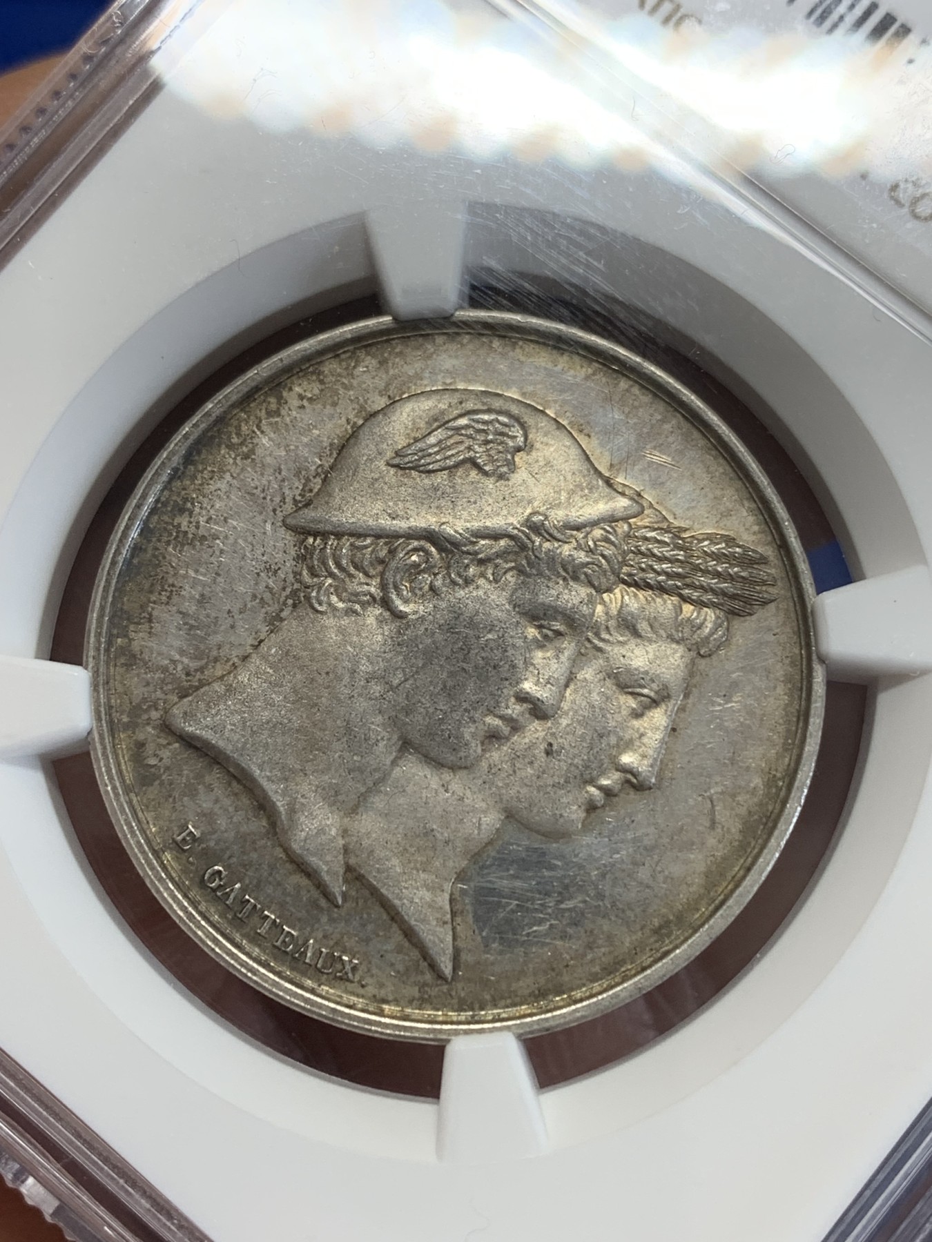 《竞宝斋》第246场-周日，周一 ，周二3场连拍 (全场包邮) NGC MS61 法国卡昂农业协会银制奖章，丰饶角边铭