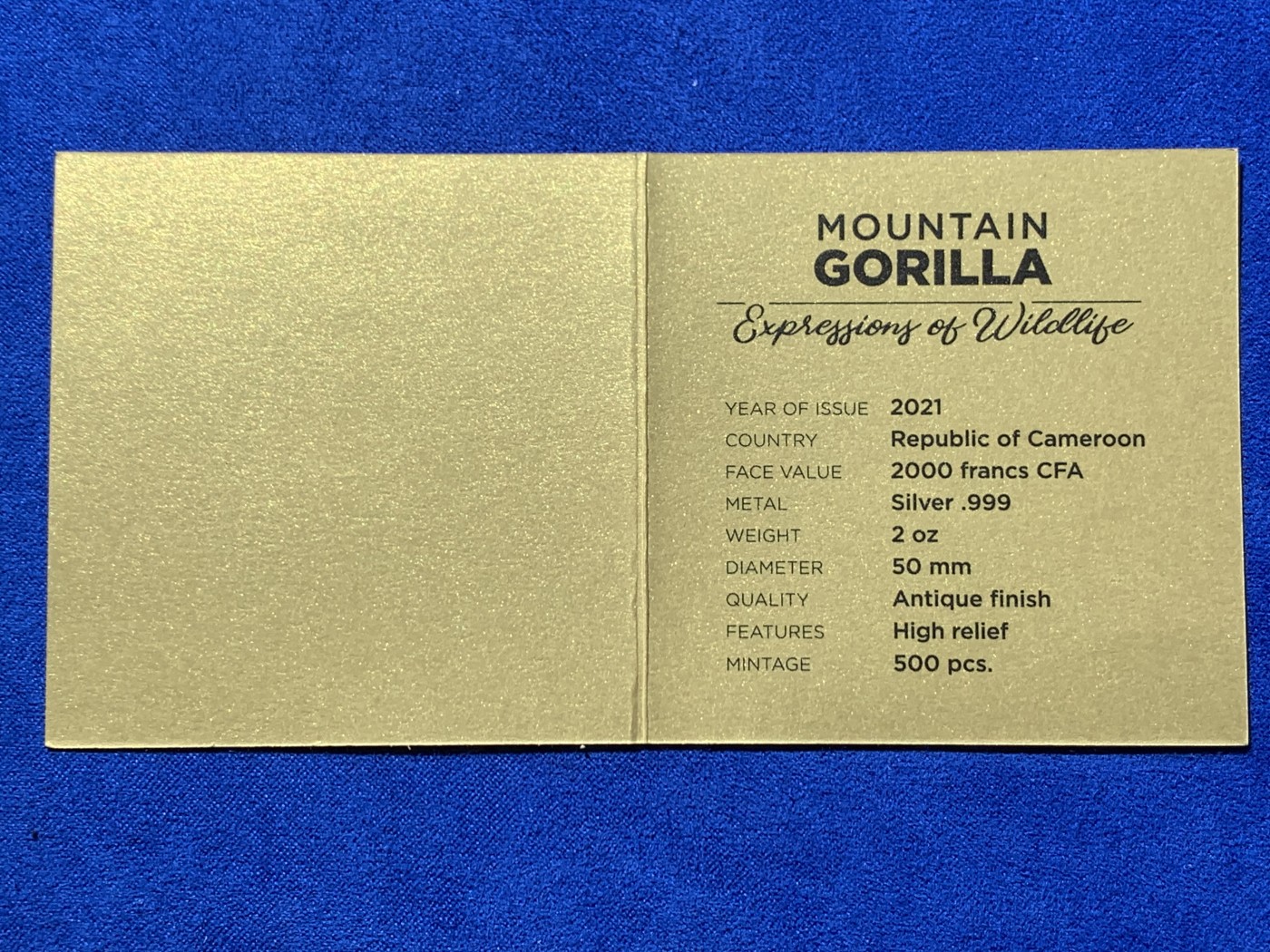《竞宝斋》第246场-周日，周一 ，周二3场连拍 (全场包邮) 喀麦隆2021年2000中非法郎 山地猩猩2盎司高浮雕银币 发行500枚 雕刻精美 盒证全 62.2克 999银