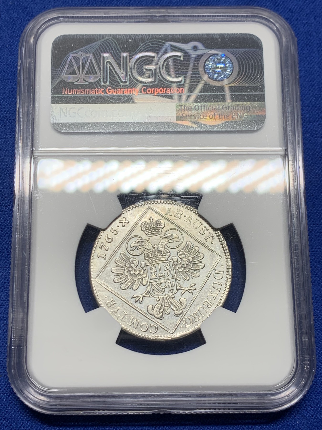 《竞宝斋》第246场-周日，周一 ，周二3场连拍 (全场包邮) NGC-AU55 唯一冠军分 1765年神罗原铸大奶妈30K银币，维也纳厂。原铸大奶妈，非常少见的品种，xf品官网参考价145美元，数据库唯一冠军。