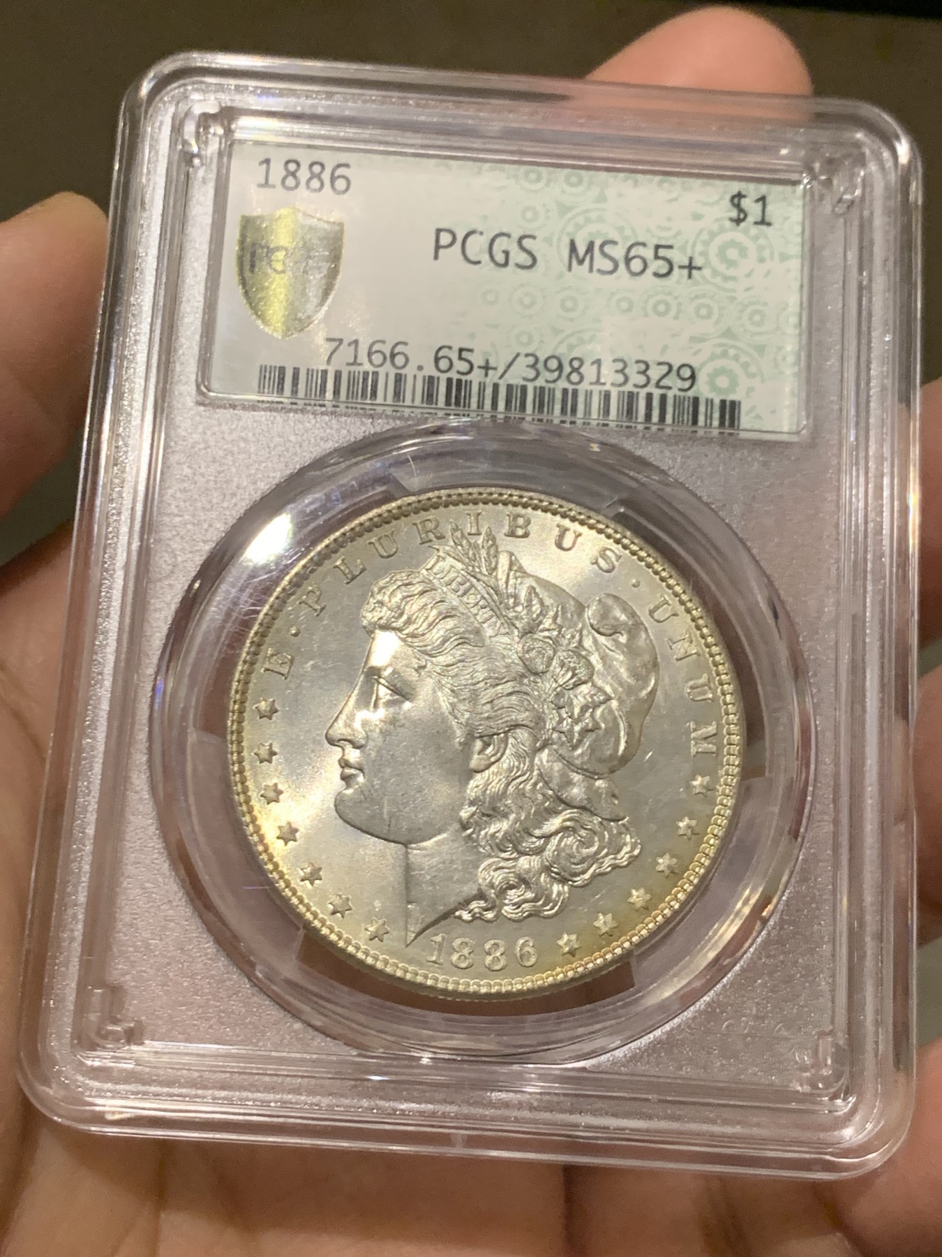 《竞宝斋》第246场-周日，周一 ，周二3场连拍 (全场包邮) PCGS MS65+ 美国1886年摩根银币，双面淡金彩