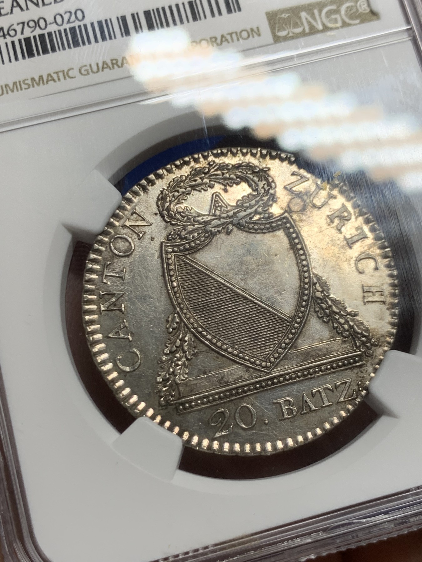 《竞宝斋》第246场-周日，周一 ，周二3场连拍 (全场包邮) NGC UNC 瑞士1813-B苏黎世20巴增银币 黑五彩 单一发行年份 十分稀缺的品种 克书价高