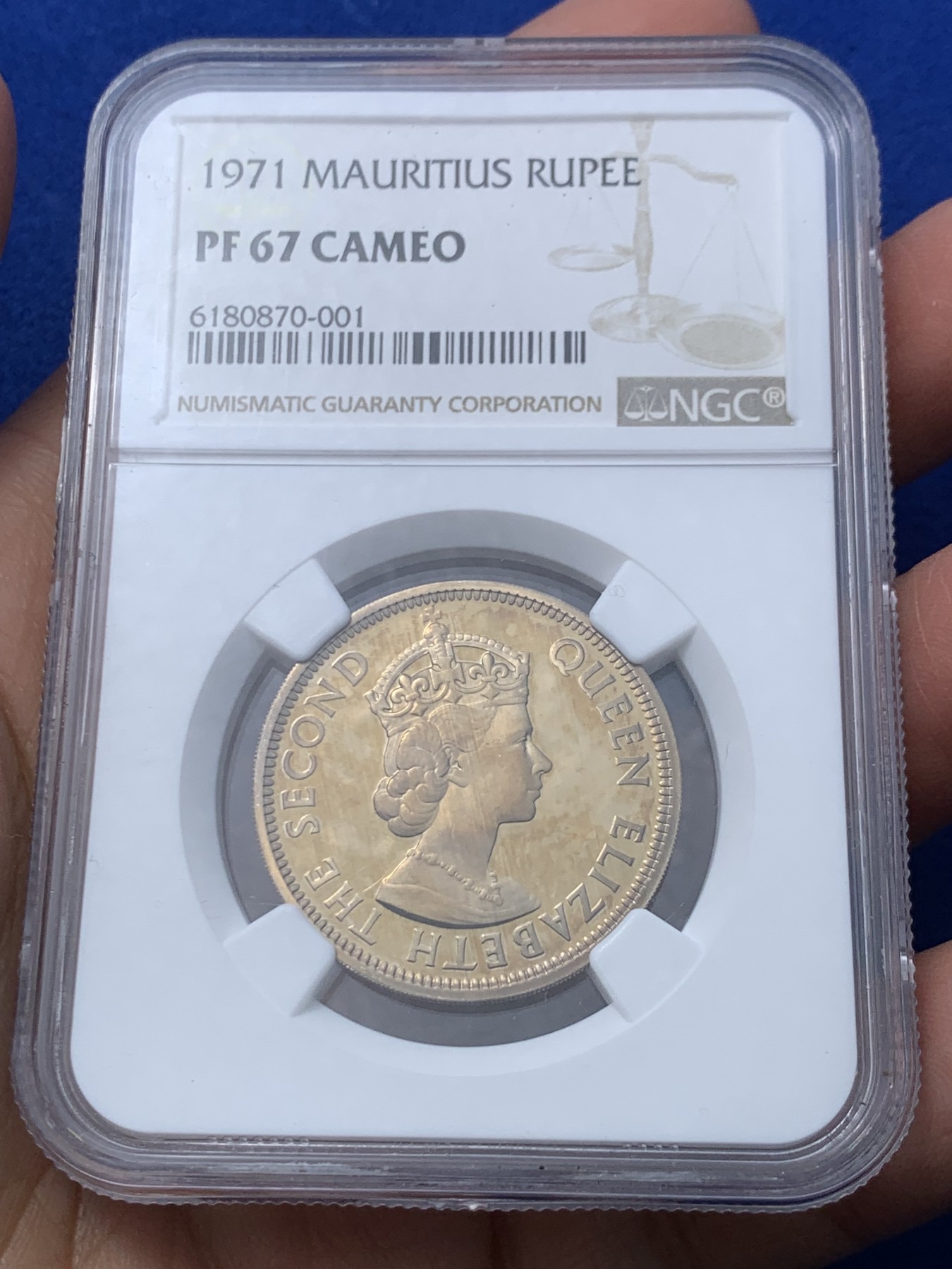 《竞宝斋》第246场-周日，周一 ，周二3场连拍 (全场包邮) NGC PF67UC 毛里求斯1971年1卢比 发行量750枚 毛里求斯精制镍币