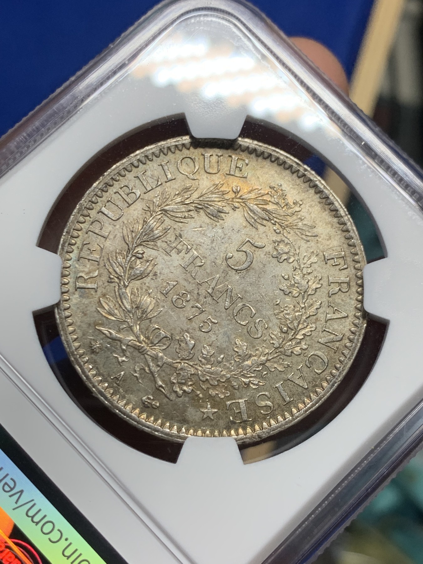 《竞宝斋》第246场-周日，周一 ，周二3场连拍 (全场包邮) NGC MS62 法国1875年大力神5法郎银币 带彩 发行量是1873的1/10