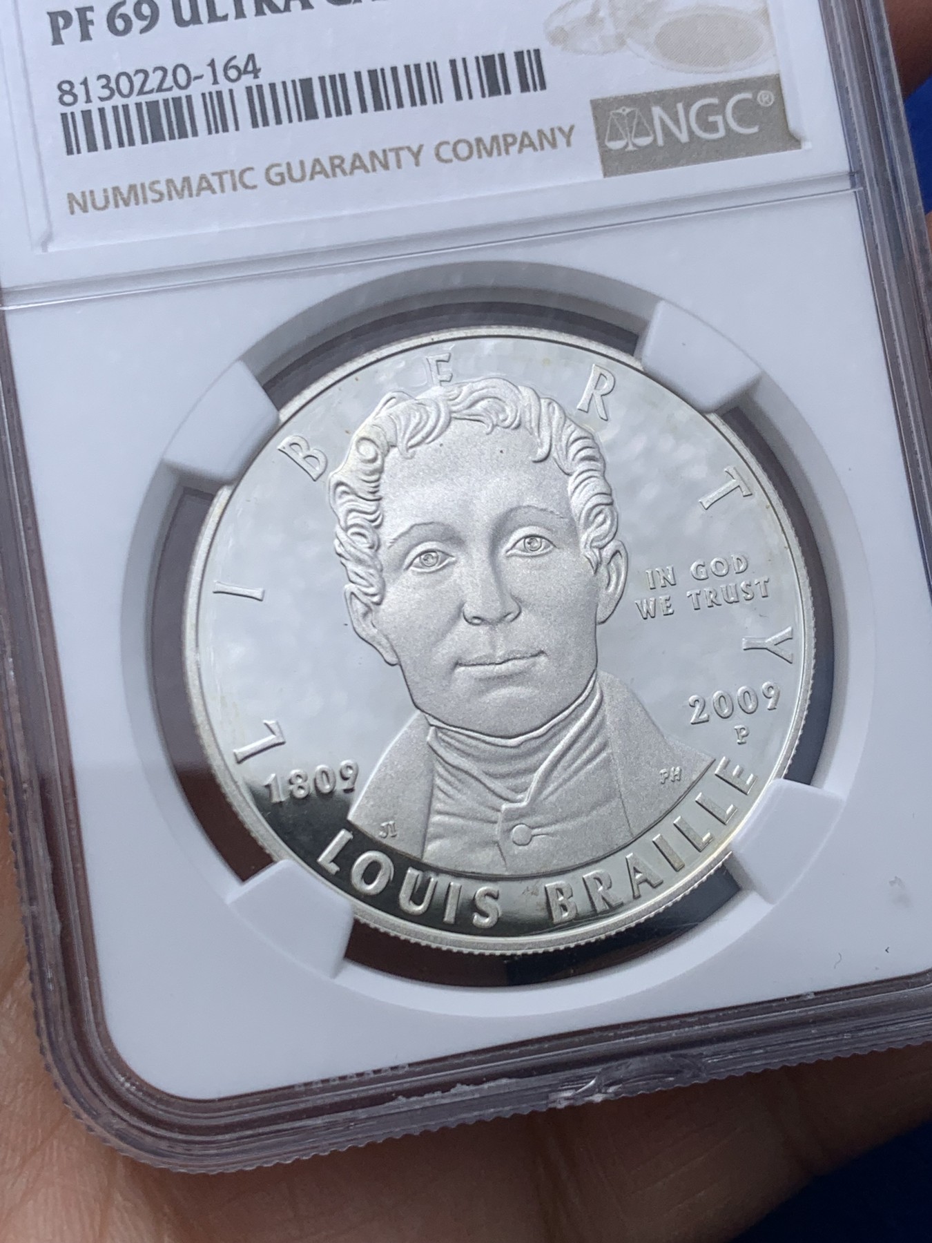 《竞宝斋》第246场-周日，周一 ，周二3场连拍 (全场包邮) NGC PF69UC 美国2009年P版布莱叶1美元精制大银币 盒有磕币完好