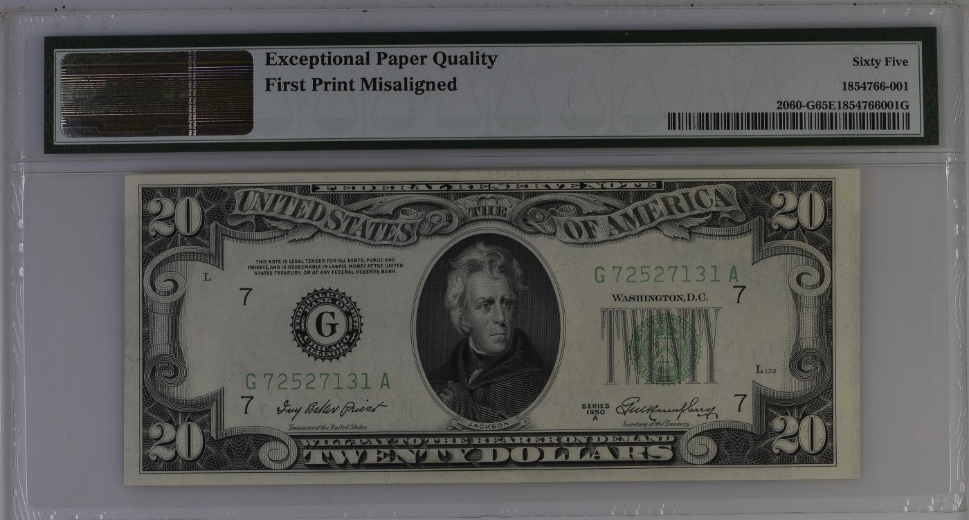 收藏联盟Quantum Auction 第330期拍卖  美国联邦储备1950年20美元 PMG65 pmg认证错票
