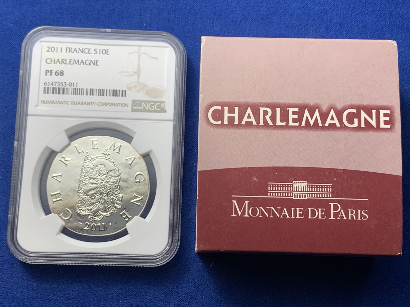《竞宝斋》第246场-周日，周一 ，周二3场连拍 (全场包邮) NGC PF68 法国2011查理曼大帝（红桃K）10欧元银币 带原盒 13年克劳斯钱币最佳克朗奖