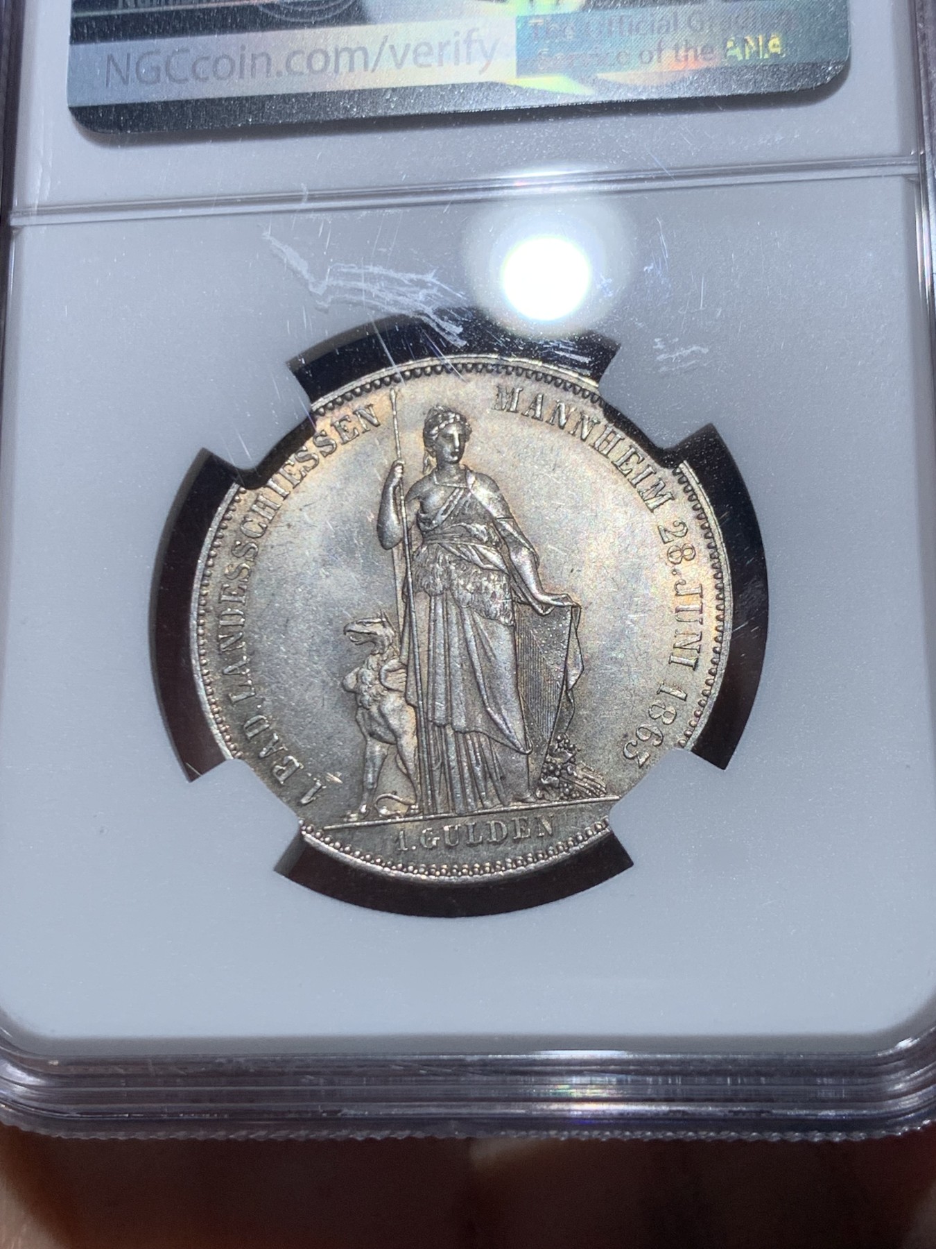 《竞宝斋》第246场-周日，周一 ，周二3场连拍 (全场包邮) NGC MS63 德国巴登1863年射击节1盾银币 少见品种 状态非常好