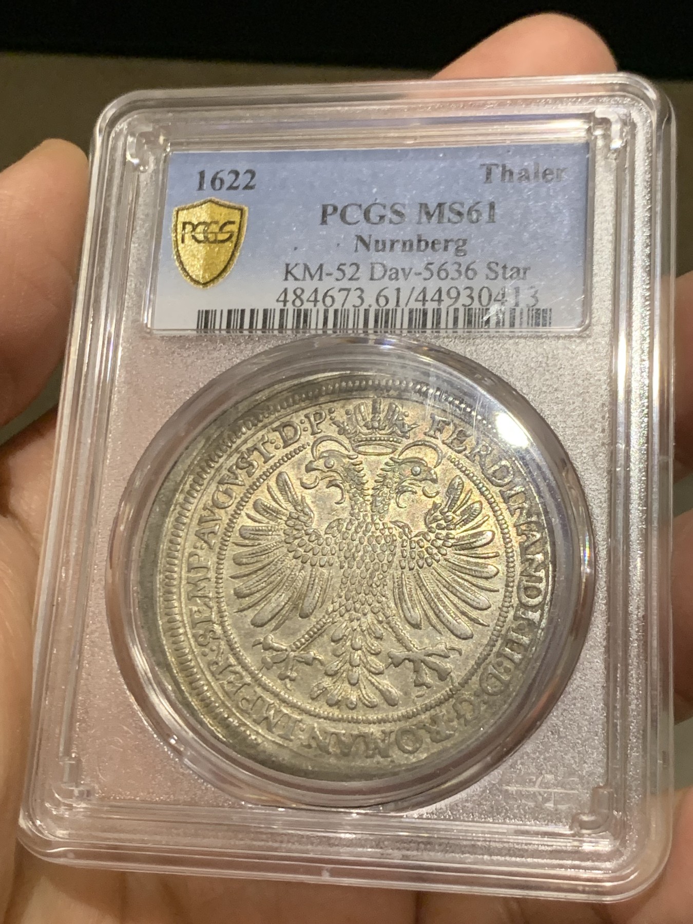 《竞宝斋》第246场-周日，周一 ，周二3场连拍 (全场包邮) PCGS MS61 唯一冠军分 德国1622纽伦堡泰勒银币，稀缺品种，原味好状态，羽毛锋利，个人看低评 盒子支撑小磕