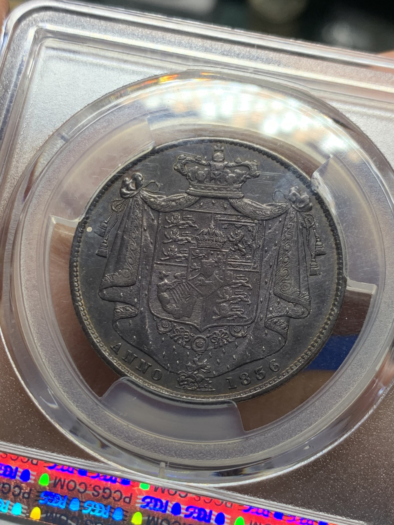 《竞宝斋》第246场-周日，周一 ，周二3场连拍 (全场包邮) PCGS AU55 英国1836年威四半克朗银币 包浆漂亮