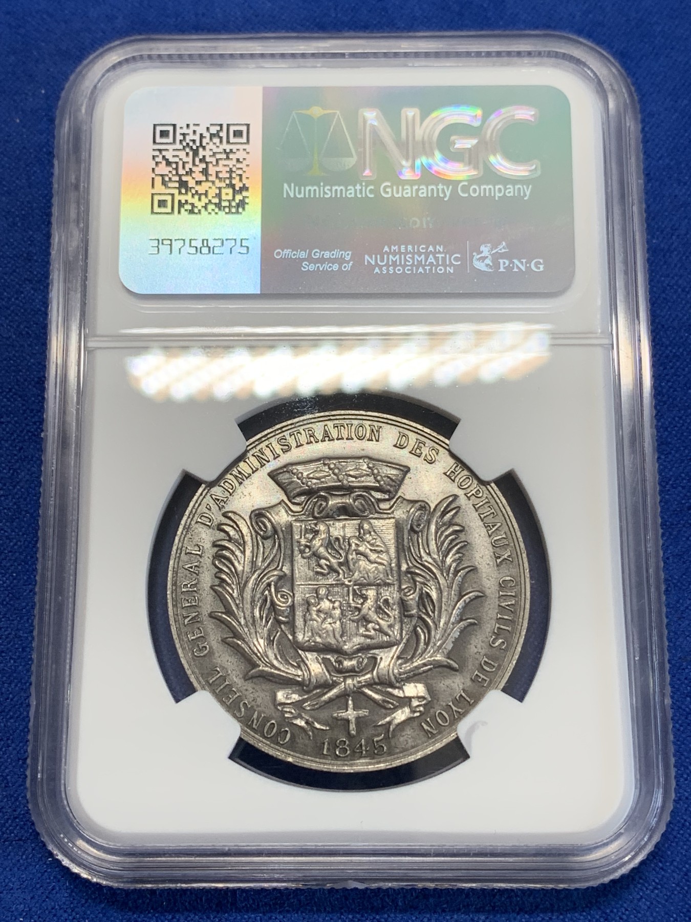 《竞宝斋》第246场-周日，周一 ，周二3场连拍 (全场包邮) NGC UNCD 法国1845年里昂民用医院管理委员会银章