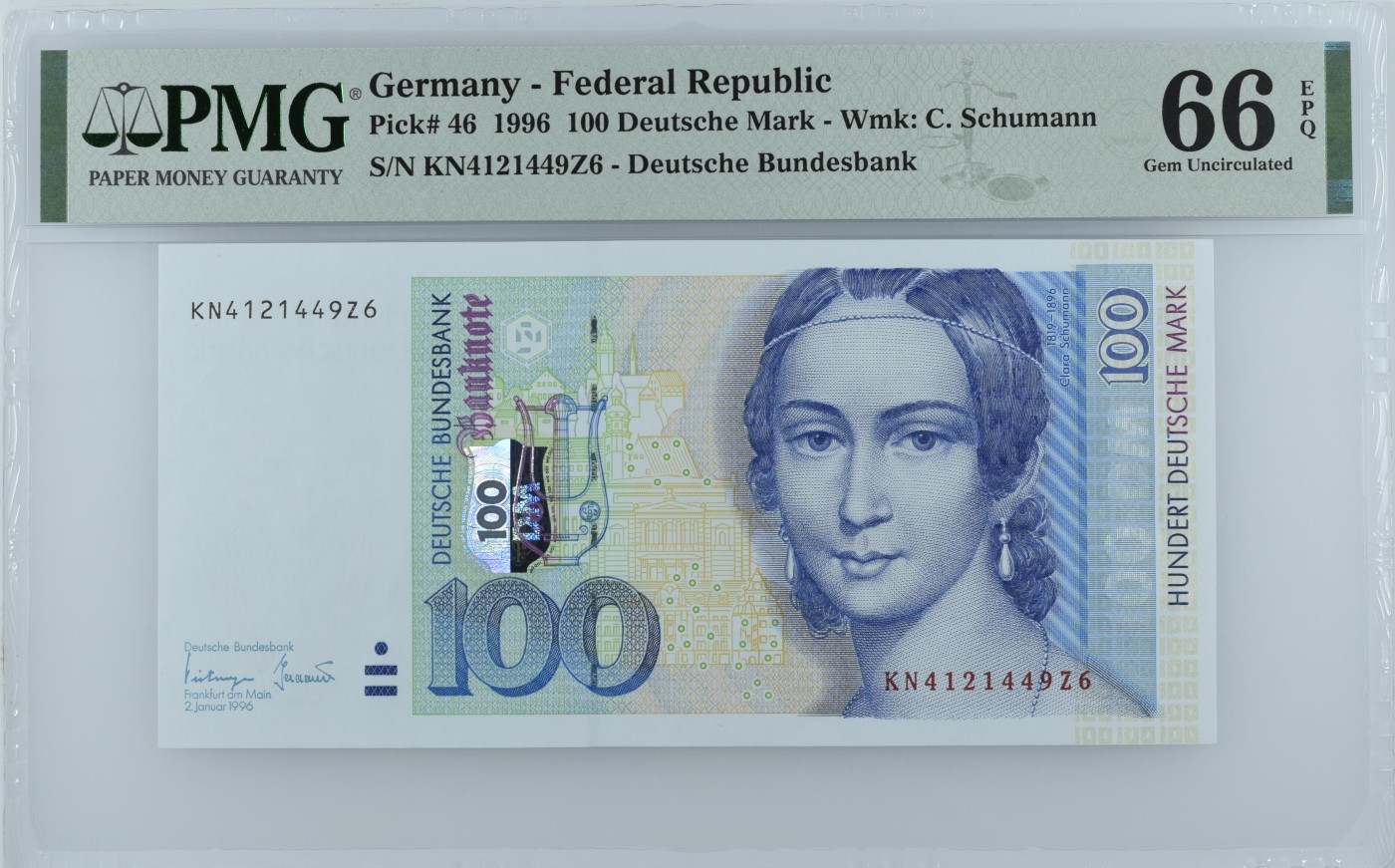 收藏联盟Quantum Auction 第330期拍卖  德国联邦1996年100马克 PMG66  钢琴家 克拉拉舒曼