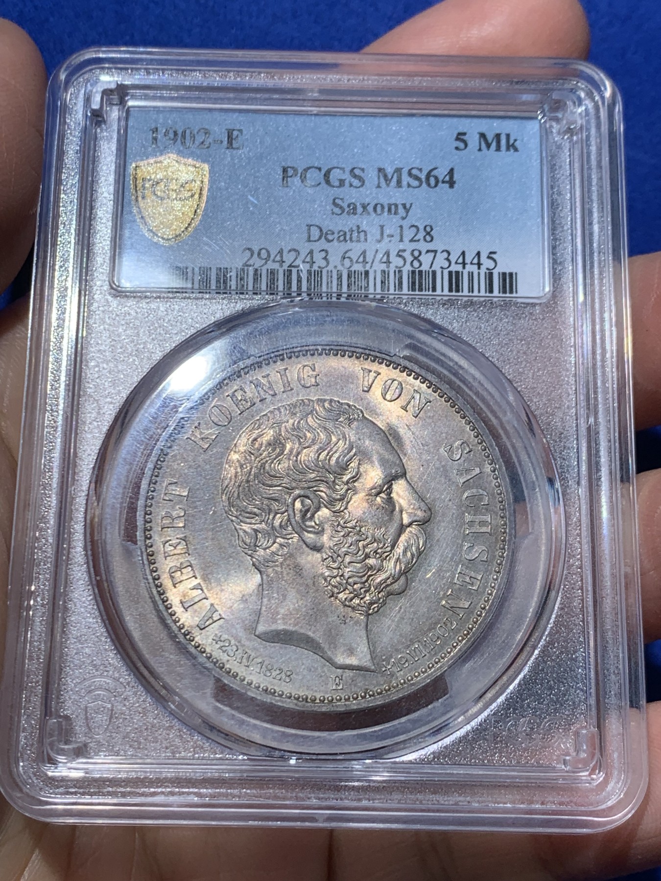 《竞宝斋》第246场-周日，周一 ，周二3场连拍 (全场包邮) PCGS MS64 德国 萨克森1902年5马克银币