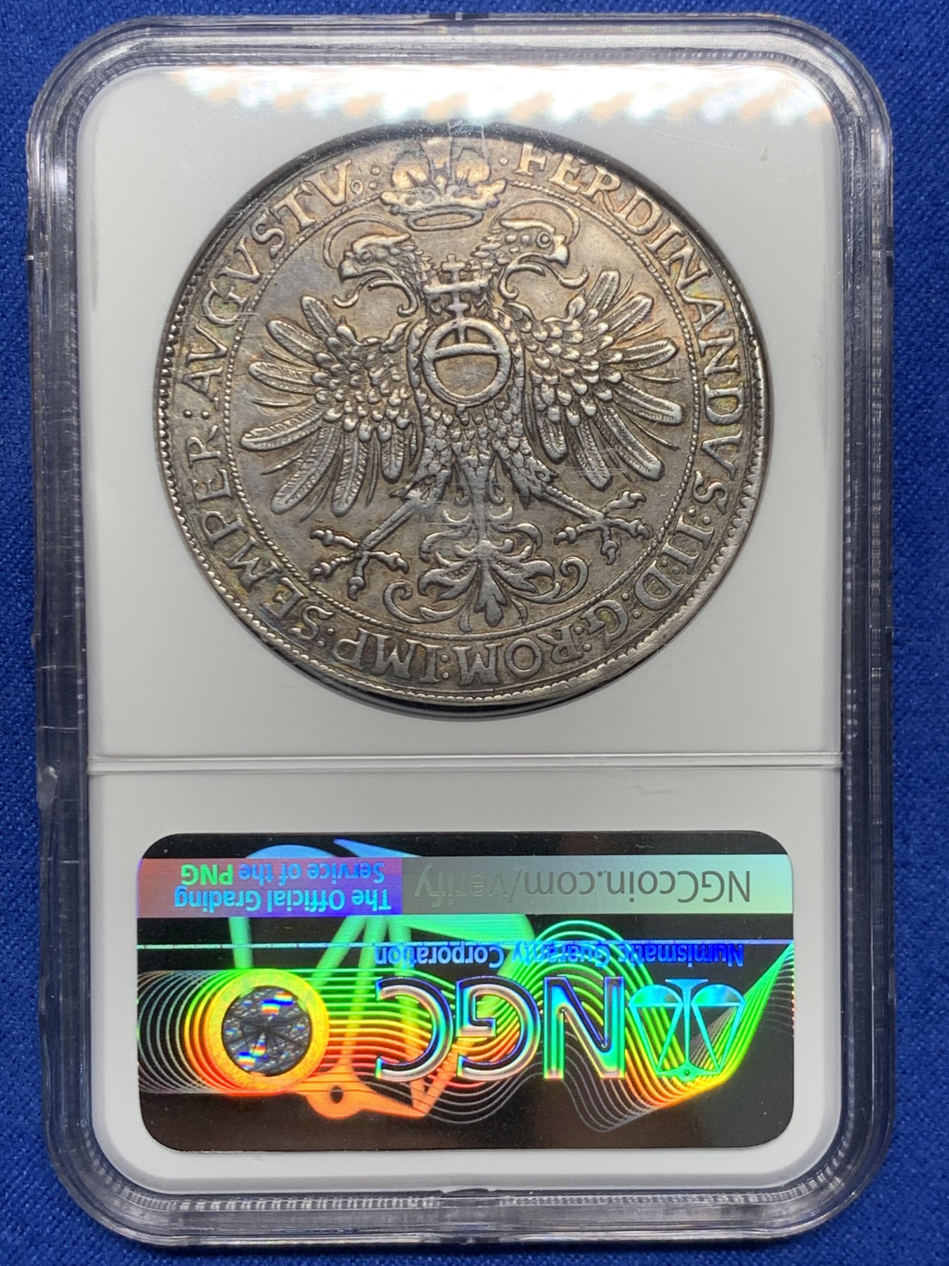 《竞宝斋》第246场-周日，周一 ，周二3场连拍 (全场包邮) NGC AU53 德国1624年霍亨洛赫-诺伊施坦因泰勒 单年版的武士骑马人像 老包浆带底光 盔甲和鹰徽的羽毛清晰深打 品相打制都不如这个的裸币 普遍2000+欧元了