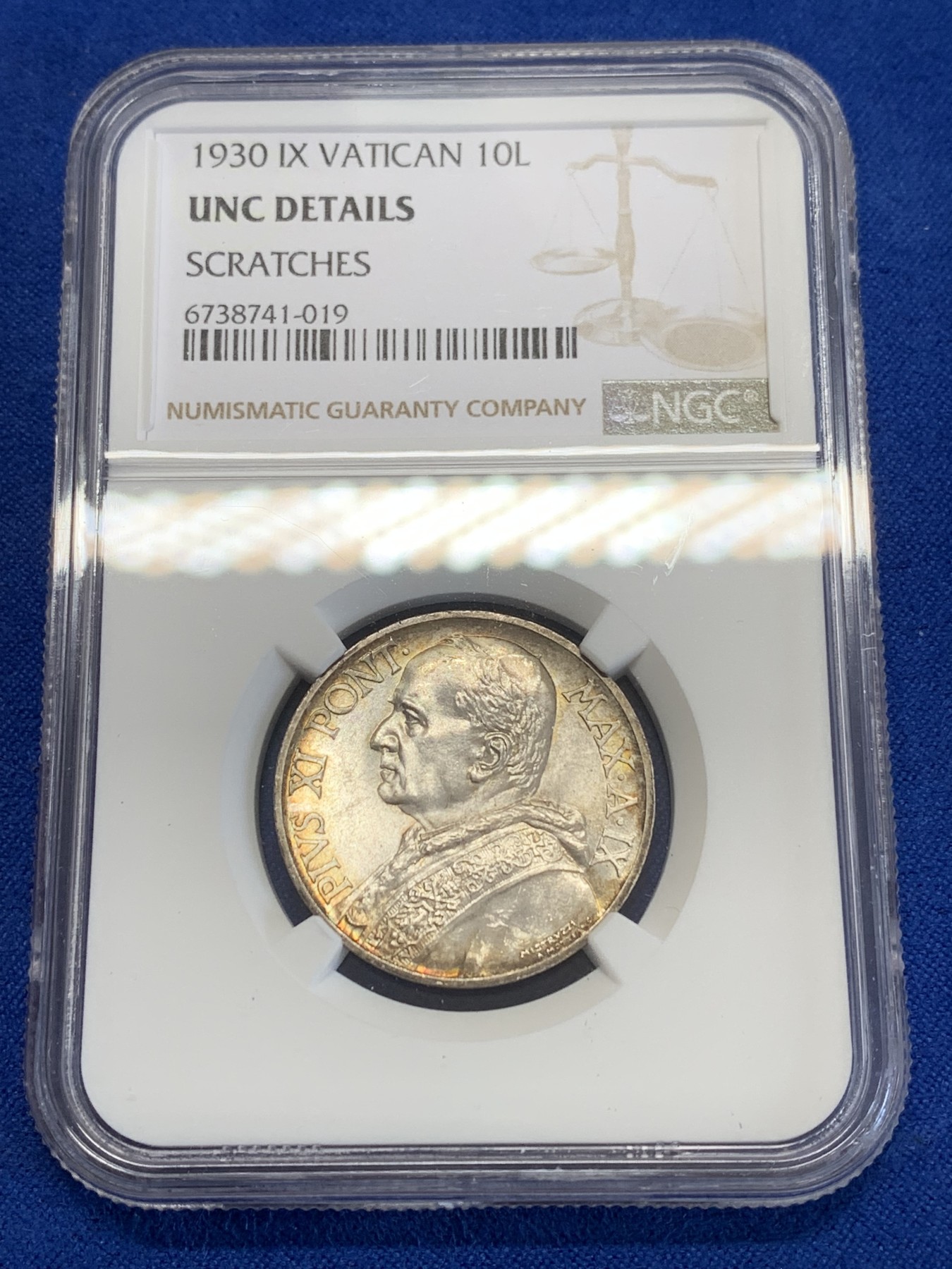 《竞宝斋》第246场-周日，周一 ，周二3场连拍 (全场包邮) NGC UNCD 梵蒂冈1930年10里拉银币，早期年份比较少