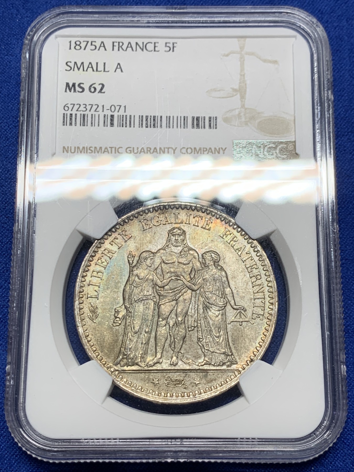 《竞宝斋》第246场-周日，周一 ，周二3场连拍 (全场包邮) NGC MS62 法国1875年大力神5法郎银币 带彩 发行量是1873的1/10