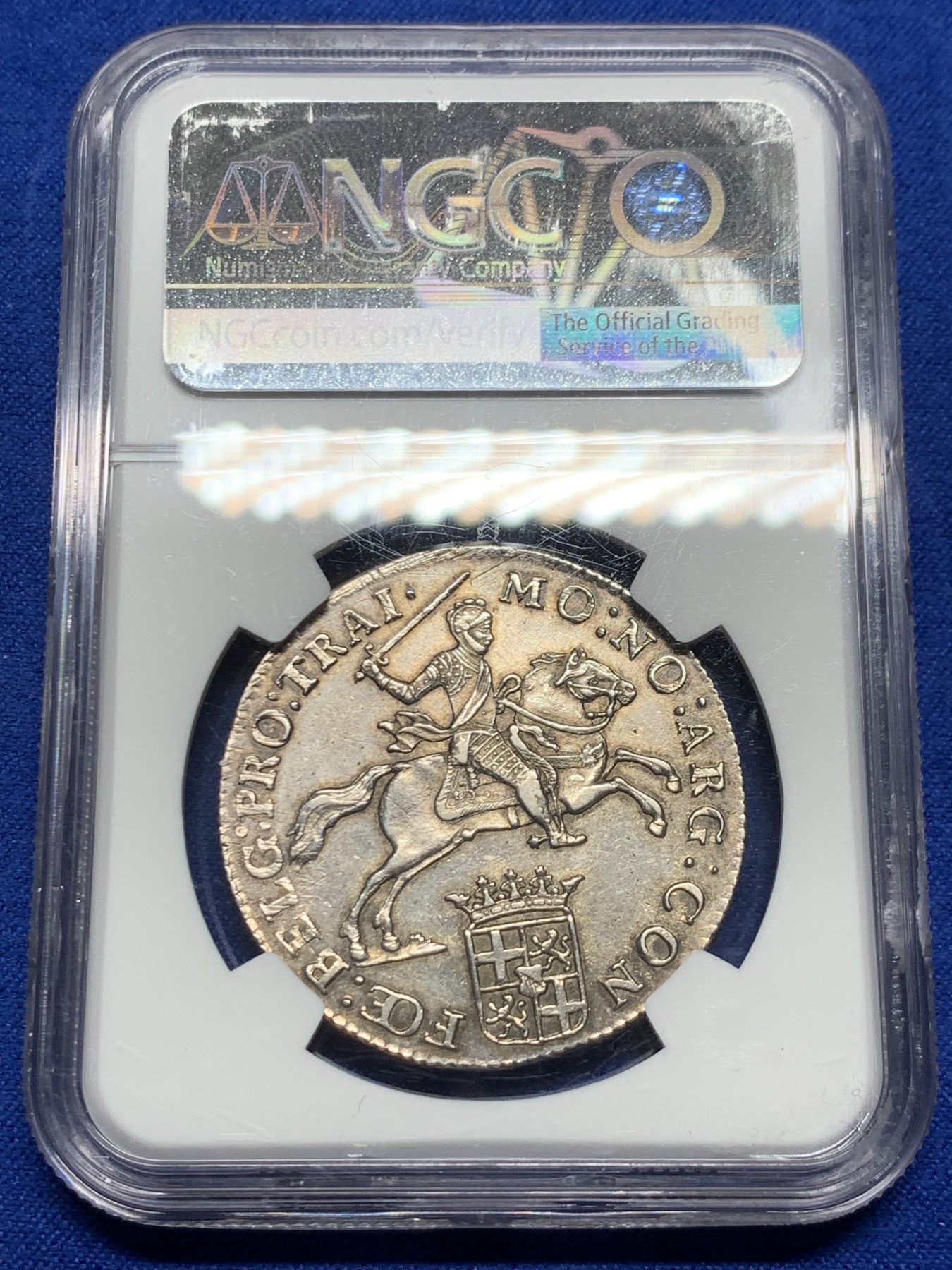 《竞宝斋》第246场-周日，周一 ，周二3场连拍 (全场包邮) NGC MS62 荷兰乌特勒支小马剑1/2杜卡特银币 骑士和战马栩栩如生