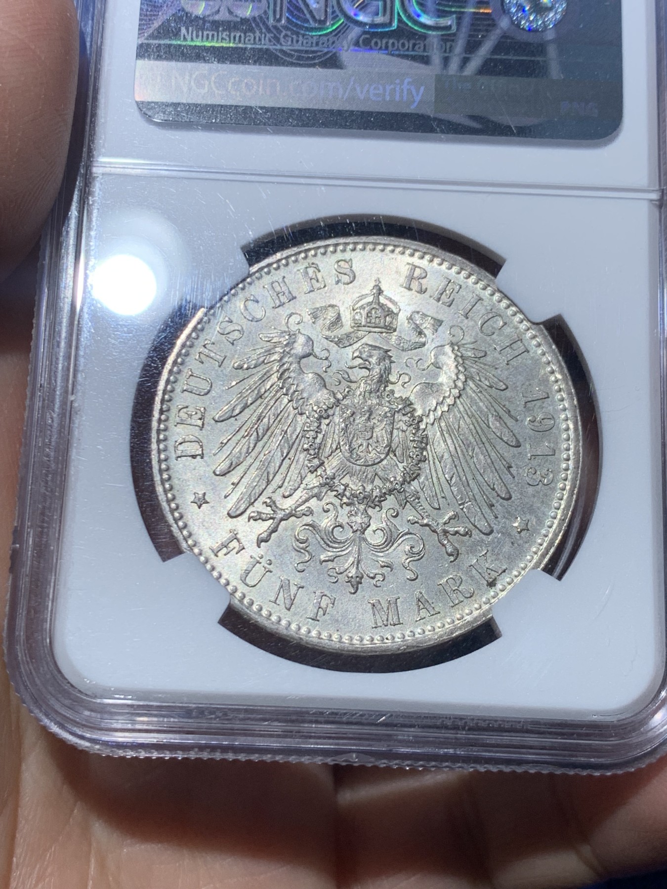 《竞宝斋》第246场-周日，周一 ，周二3场连拍 (全场包邮) NGC-MS62 德国1913巴伐利亚奥托5马克  奥托国王大银上ms较难得 原光状态 稀奇成交价均在1500元左右