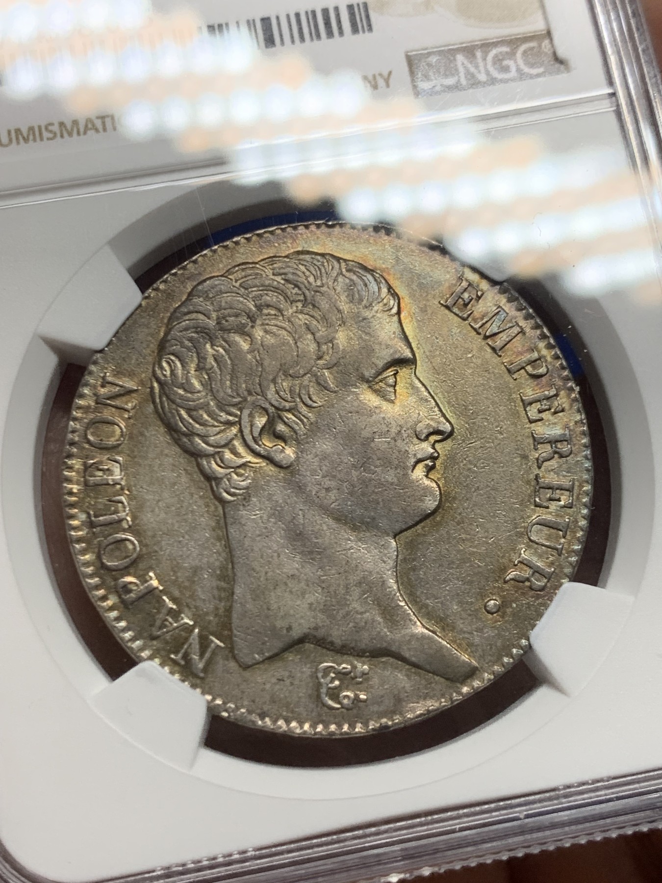 《竞宝斋》第246场-周日，周一 ，周二3场连拍 (全场包邮) NGC AU50 法国1806年拿破仑一世5法郎银币 无冠头像 纪年版少见 淡金彩包浆 非常好